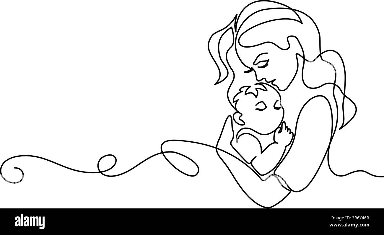 Buona festa della mamma. Disegno continuo su una linea. Una donna tiene il suo bambino Illustrazione Vettoriale
