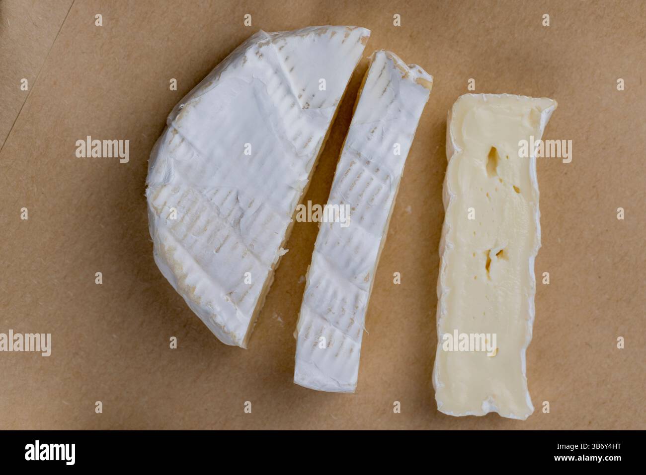 formaggio morbido lavorato con muffa bianca sul tavolo, formaggio bianco a fette con primo piano di muffa Foto Stock