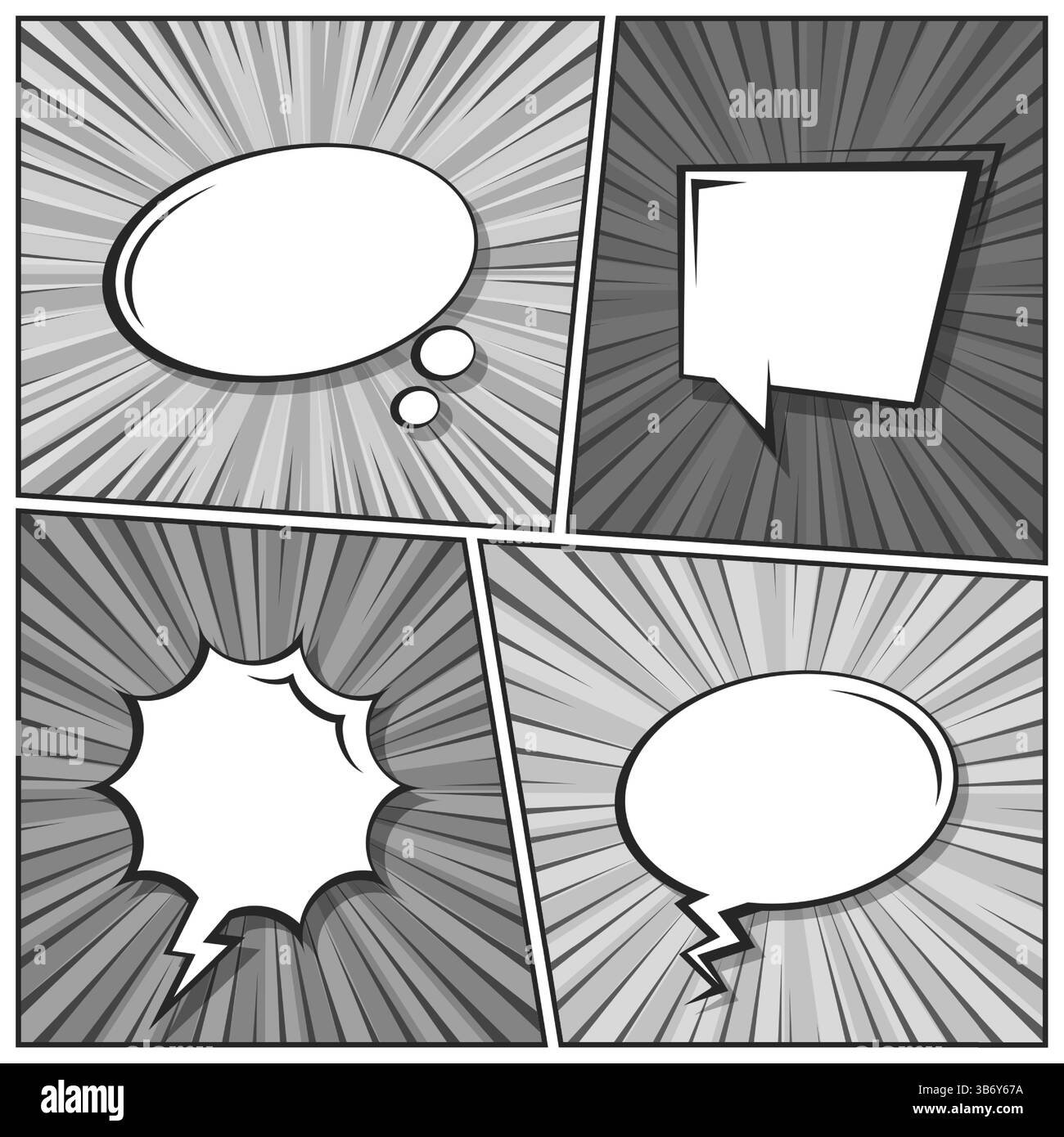 Sfondo fumettistico dei cartoni animati. Bolla del discorso. Poster in bianco e nero del libro di fumetti con elementi mezzitoni e linee radiali. Stile Pop Art retrò. Vettore Illustrazione Vettoriale
