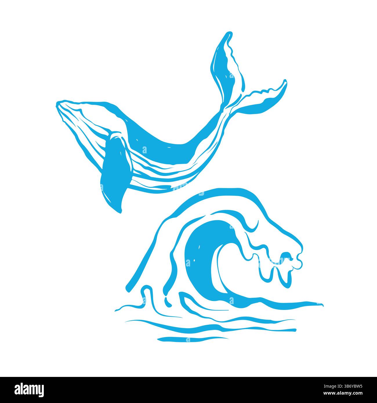 Balena blu disegnata a mano e onde. Grandi onde e pesci di mare in stile vintage. Simbolo della ricreazione attiva, del turismo. Illustrazione incisa per poster, tatuaggi, t-shirt e cartolina. Illustrazione vettoriale Illustrazione Vettoriale