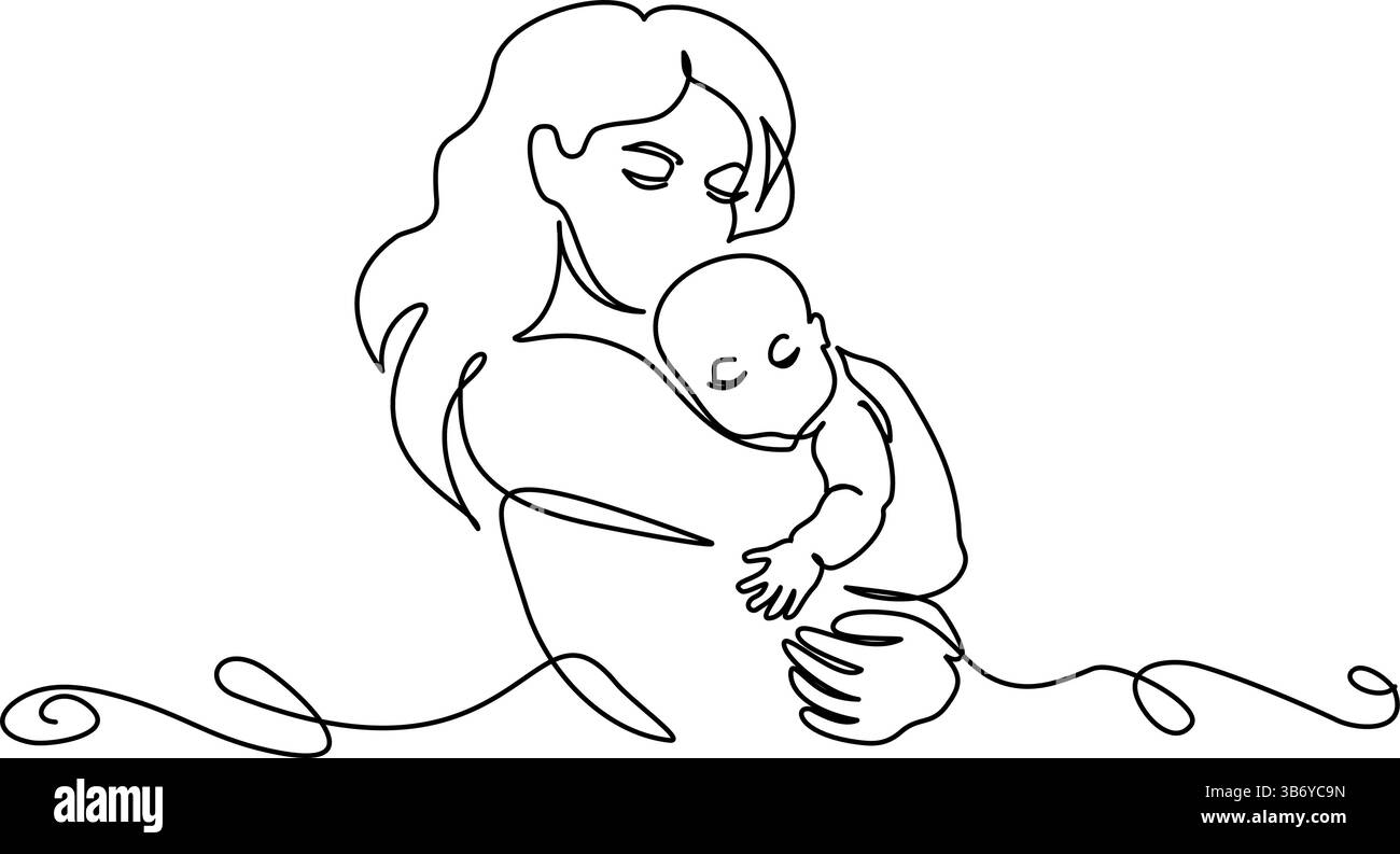 Buona festa della mamma. Disegno continuo su una linea. Una donna tiene il suo bambino Illustrazione Vettoriale