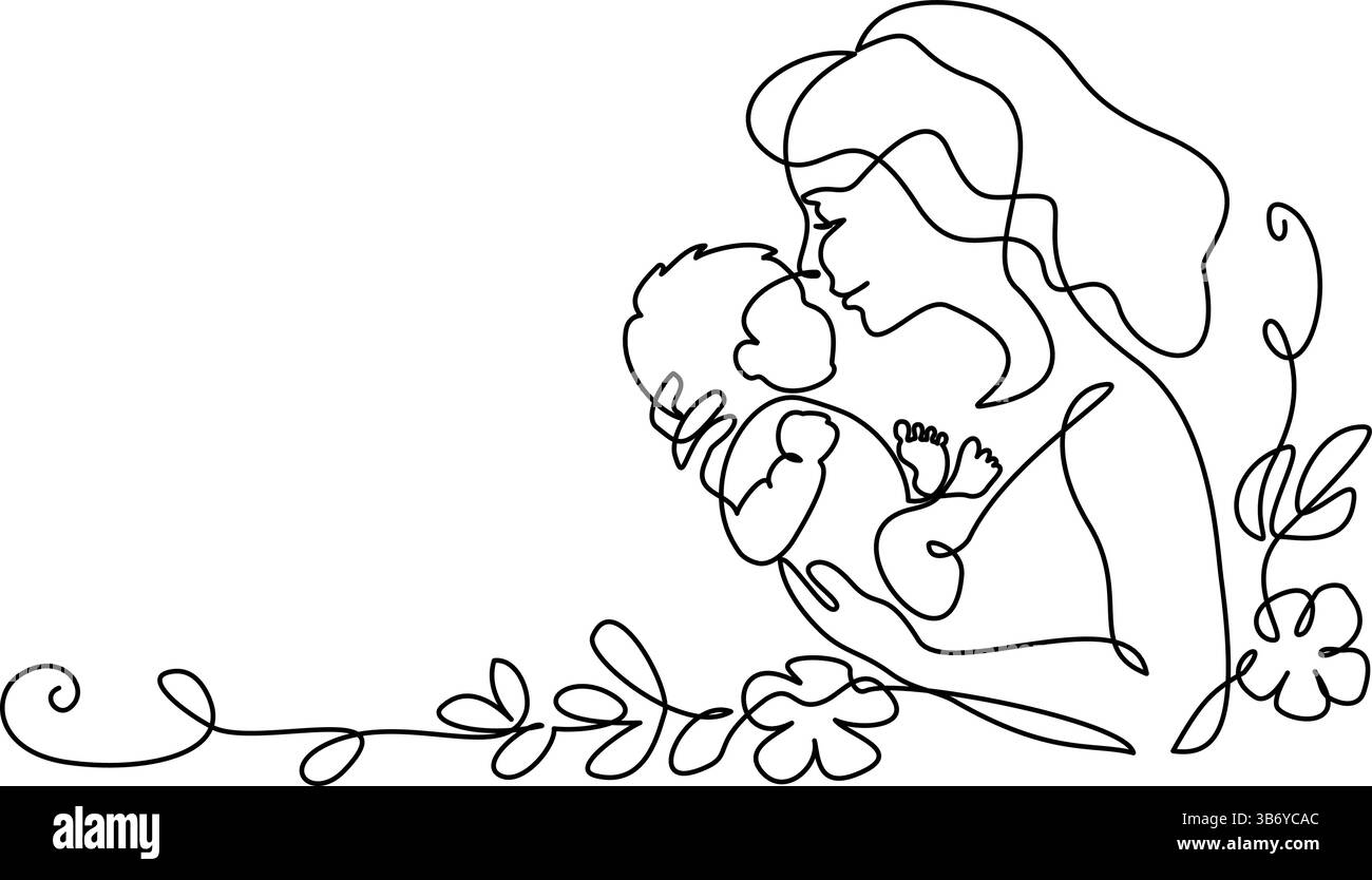 Buona festa della mamma. Disegno continuo su una linea. Una donna tiene il suo bambino Illustrazione Vettoriale