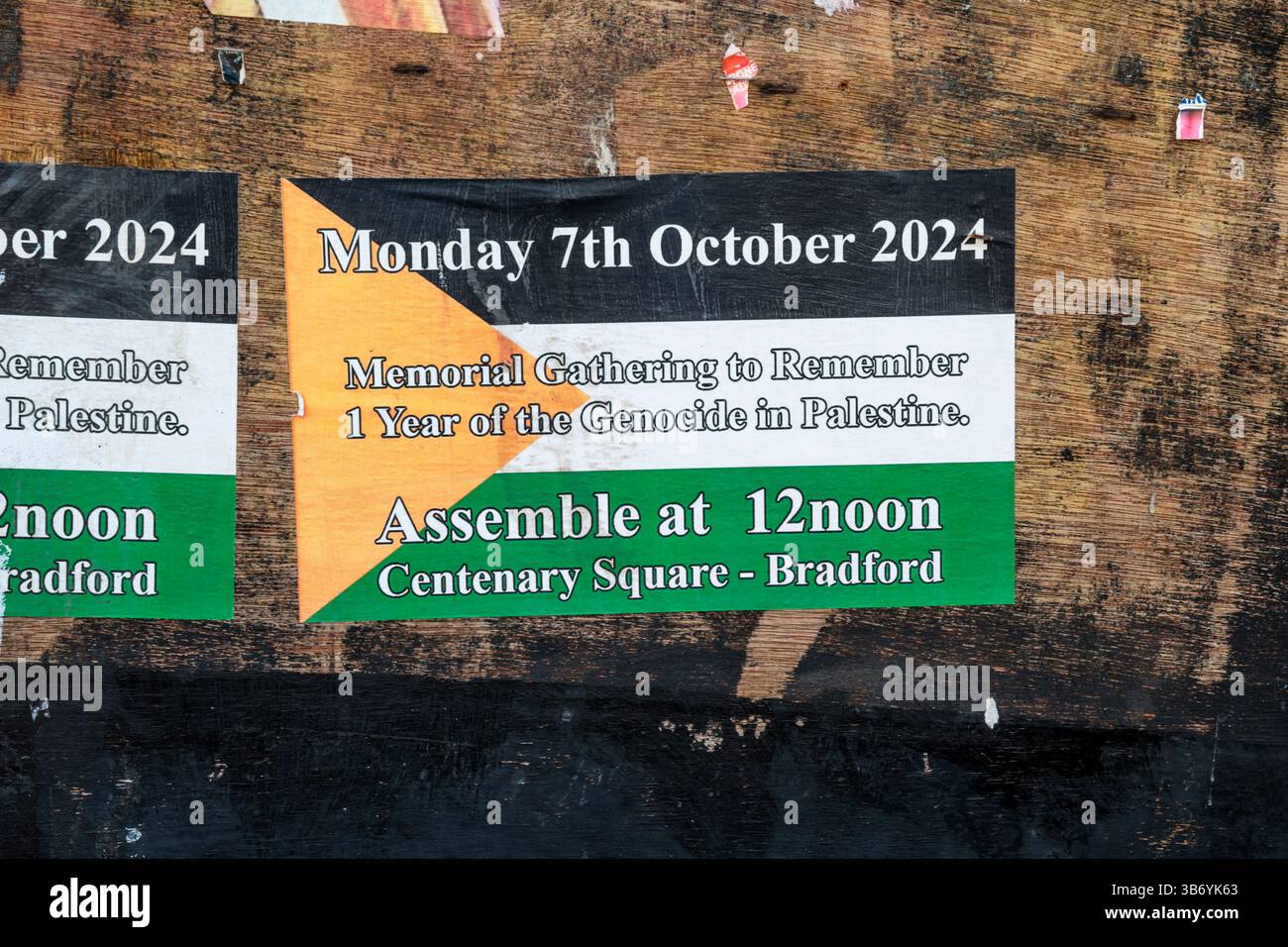 Poster per un incontro pro-Palestina a Bradford, nei colori della bandiera palestinese. Foto Stock