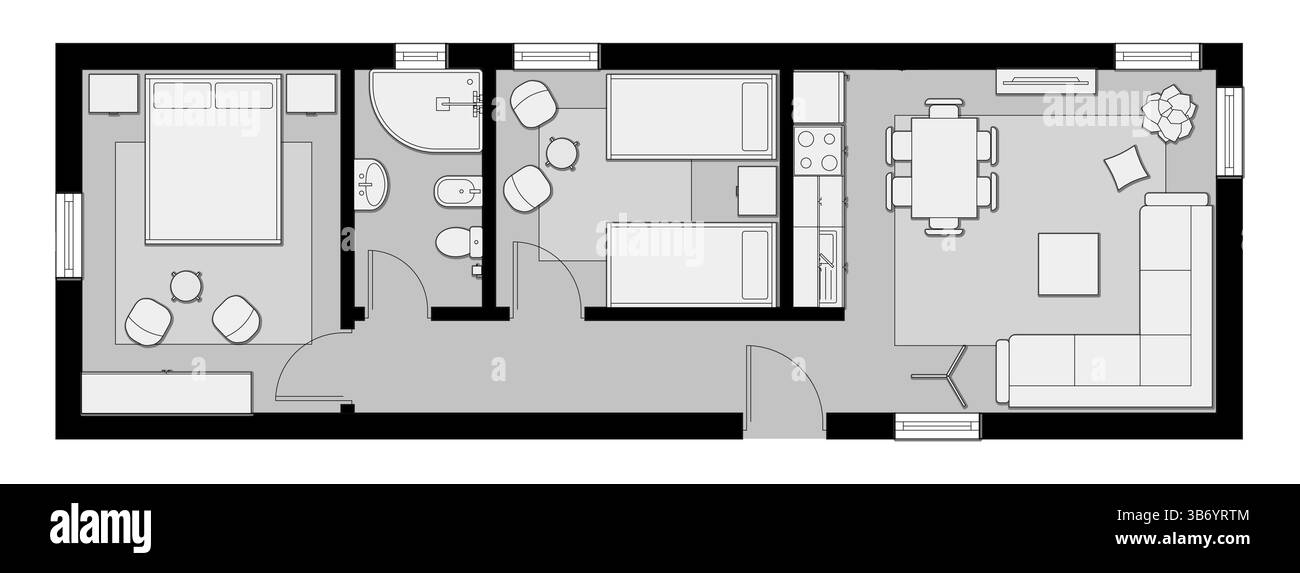 Piano di un moderno appartamento con due camere da letto, bagno e zona soggiorno. Illustrazione Vettoriale