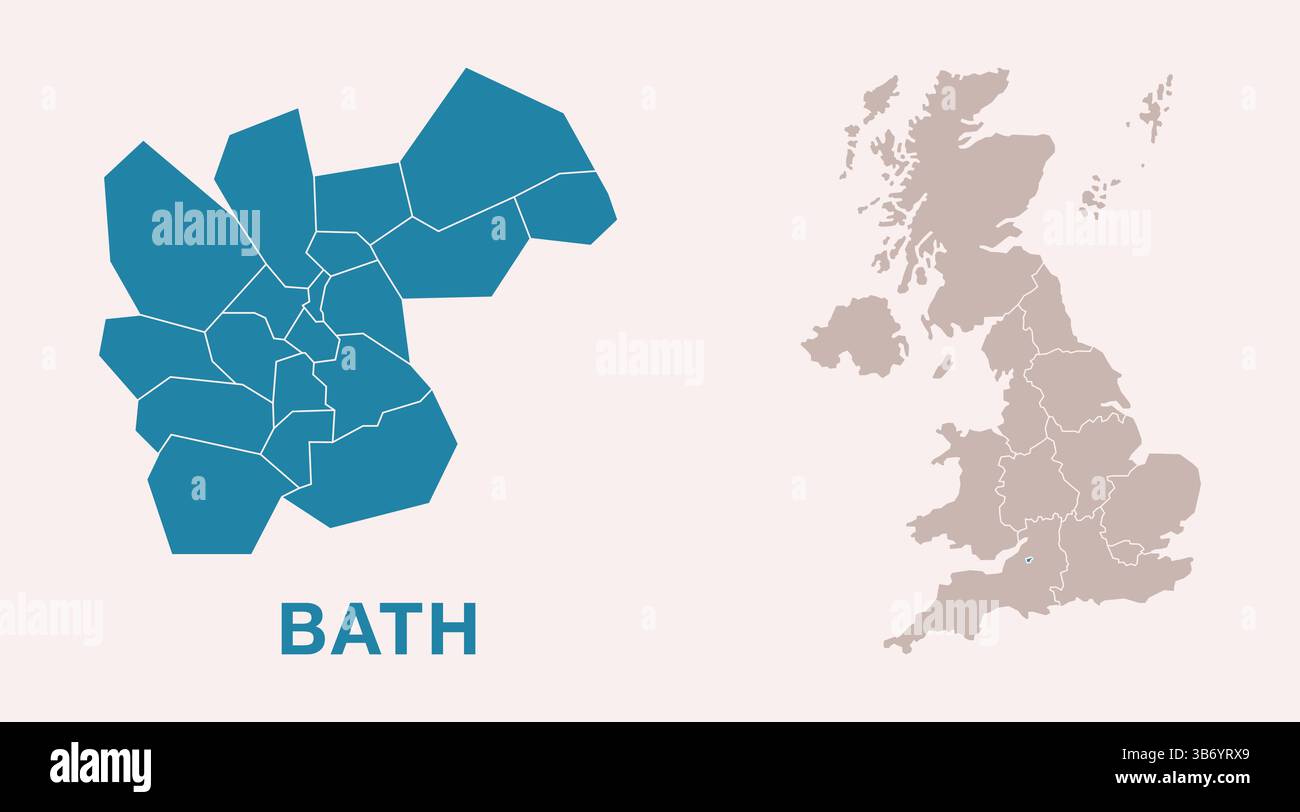 Mappa dettagliata della città di Bath, Regno Unito con la posizione evidenziata sulla mappa del Regno Unito. Mappa vettoriale del Regno Unito con divisioni regionali, isolata sullo sfondo. Illustrazione Vettoriale
