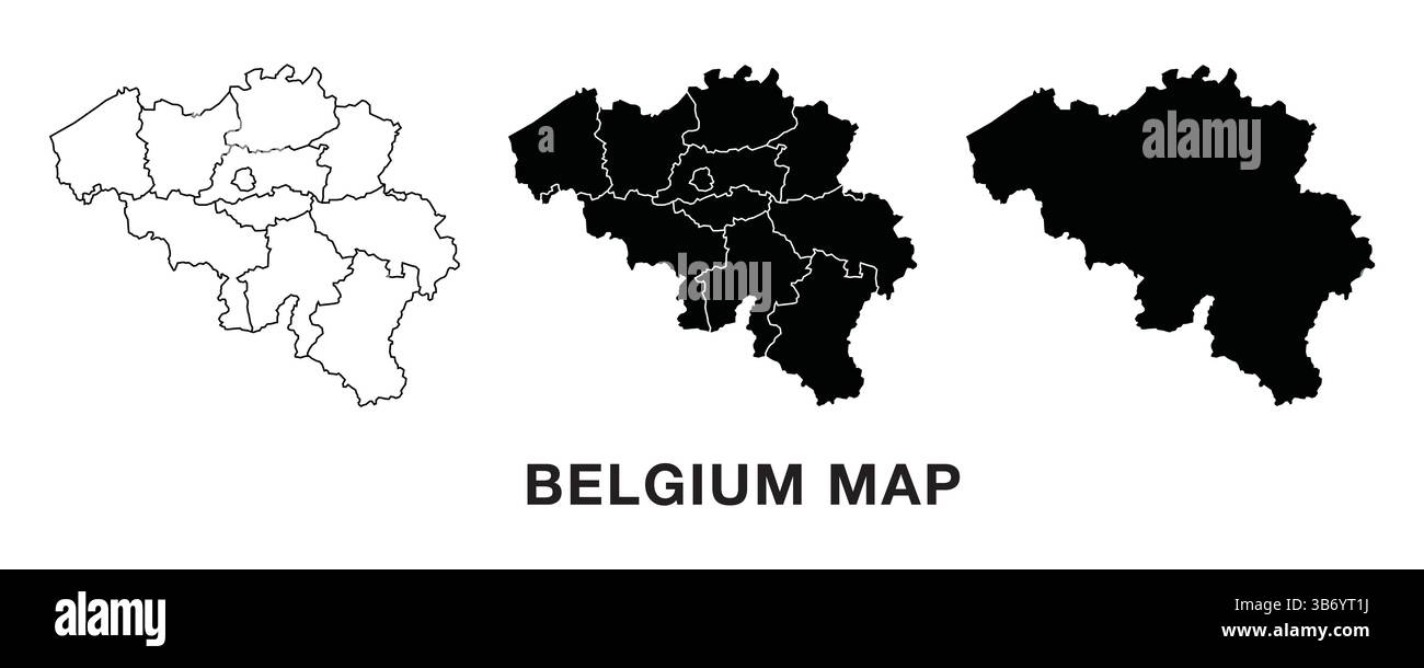 Set di mappe del Belgio con divisioni amministrative, contorno e sagoma. Vettore modificabile per infografiche, presentazioni e uso didattico. Illustrazione Vettoriale