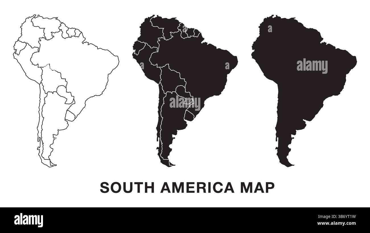Set di mappe del Sud America con divisioni amministrative, contorno e silhouette. Vettore modificabile per infografiche, presentazioni e uso didattico. Illustrazione Vettoriale