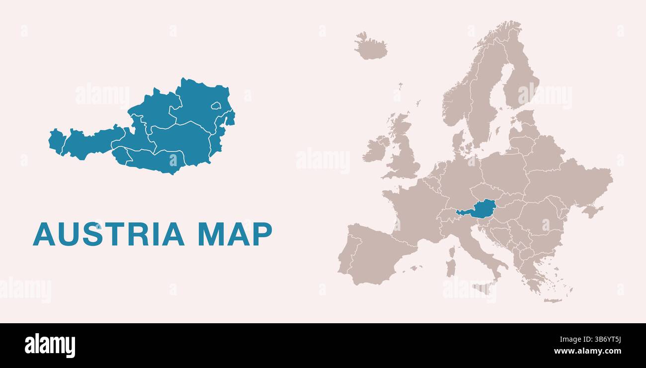 Mappa dell'Austria con divisioni amministrative e posizione evidenziata sulla mappa dell'Europa. Isolato su sfondo bianco. Illustrazione vettoriale. Illustrazione Vettoriale