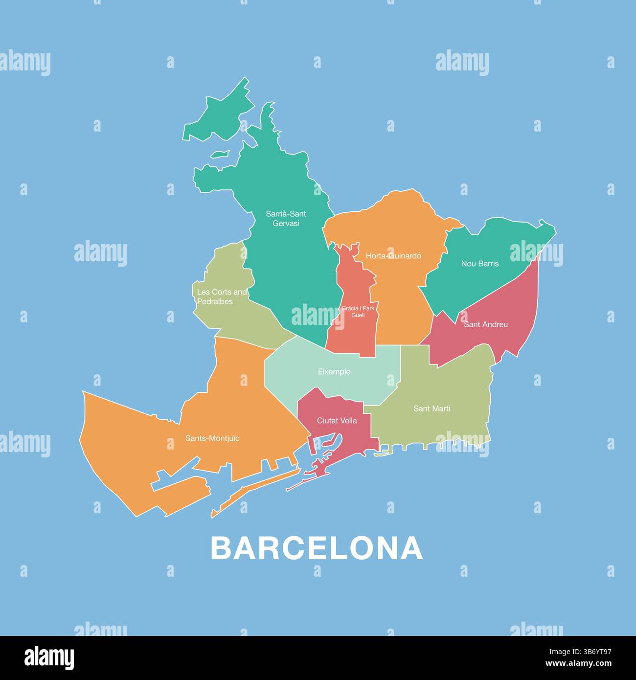 Mappa colorata di Barcellona, Spagna, con distretti amministrativi etichettati. Illustrazione vettoriale isolata su sfondo blu. Illustrazione Vettoriale