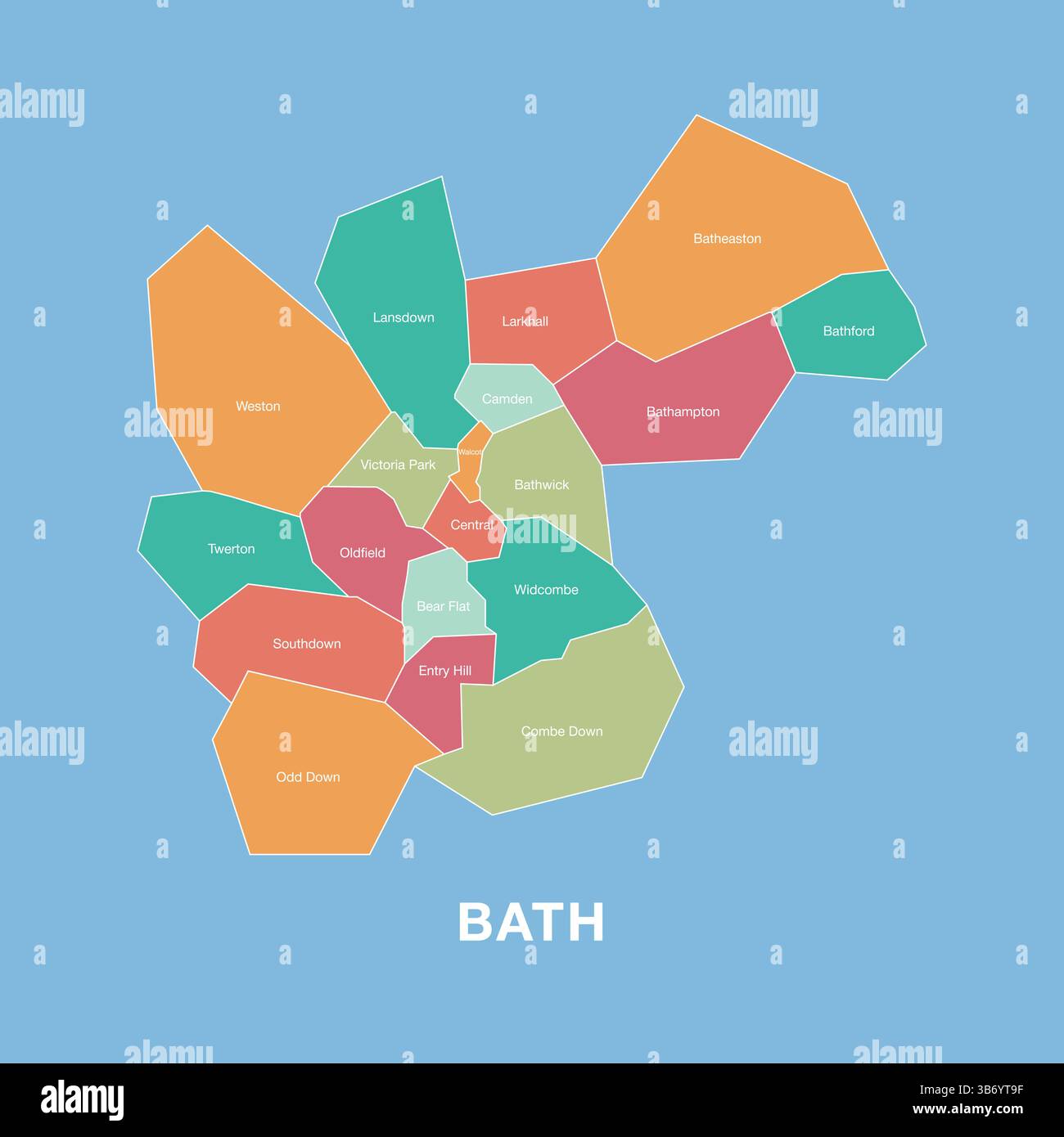 Mappa colorata di Bath, Regno Unito, con distretti amministrativi etichettati. Illustrazione vettoriale isolata su sfondo blu. Illustrazione Vettoriale