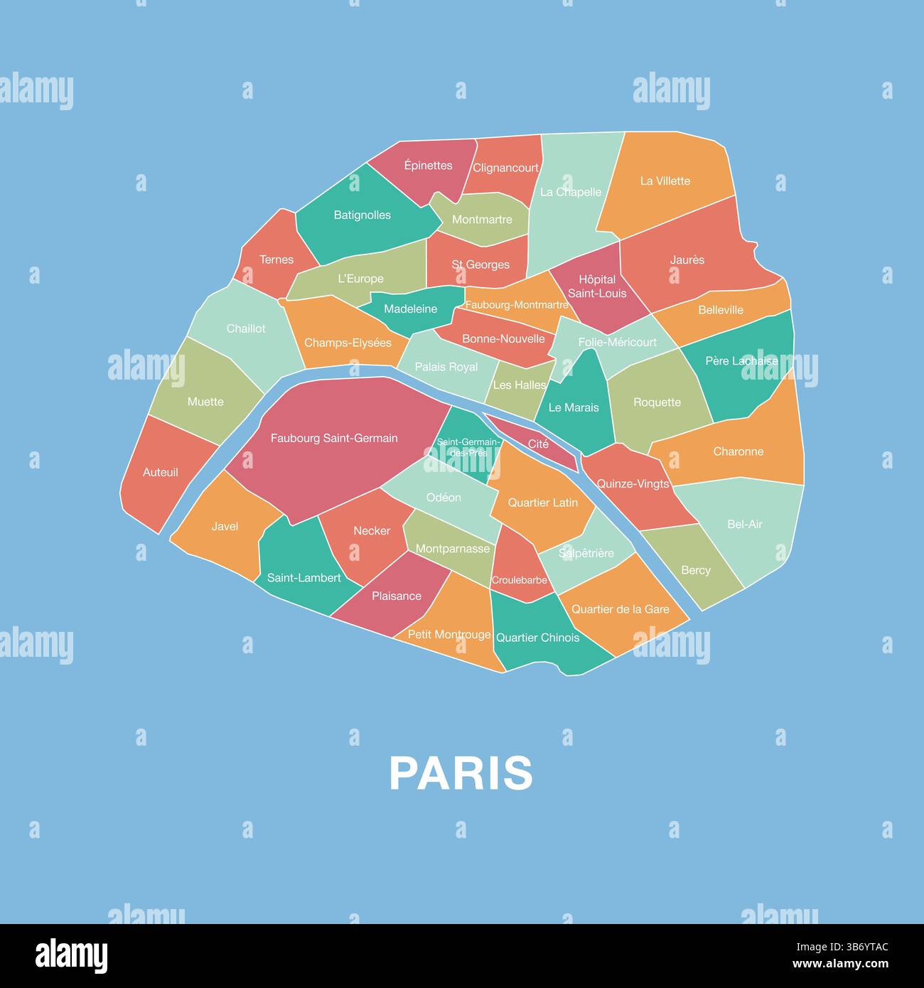 Mappa colorata di Parigi, Francia, con i distretti amministrativi etichettati. Illustrazione vettoriale isolata su sfondo blu. Illustrazione Vettoriale