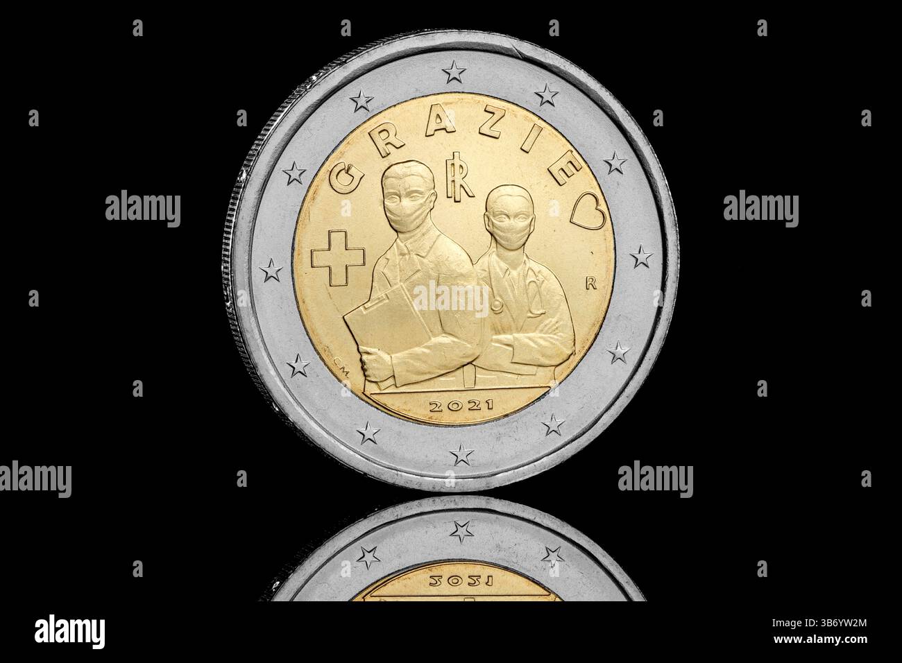 2021 Italia moneta da 2 Euro è stata emessa per ringraziare gli operatori sanitari durante la pandemia di COVID-19 Foto Stock