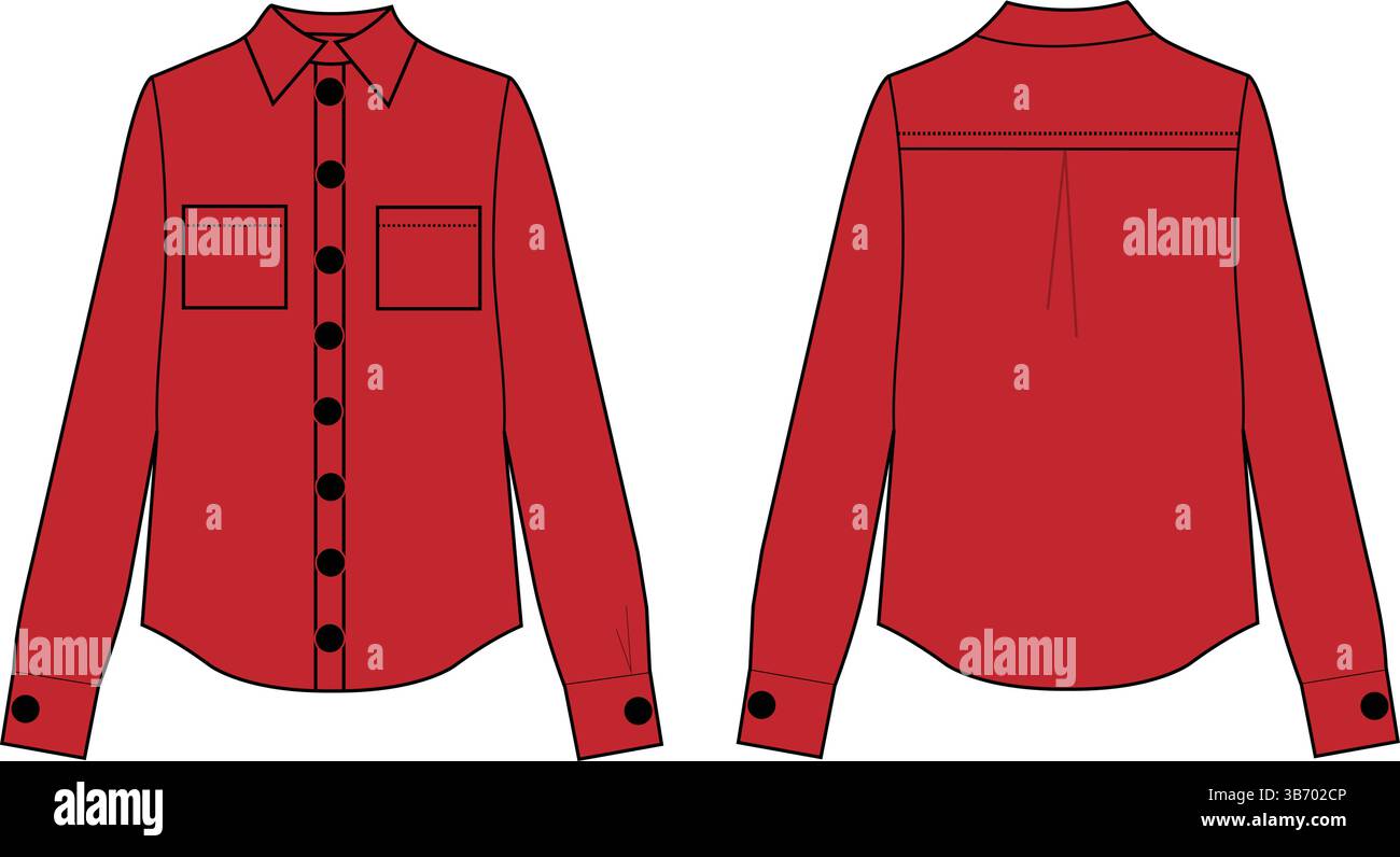 Camicia a manica lunga rossa button-up | illustrazione tecnica di moda | modello di abbigliamento piatto CAD | Vista frontale e posteriore Illustrazione Vettoriale