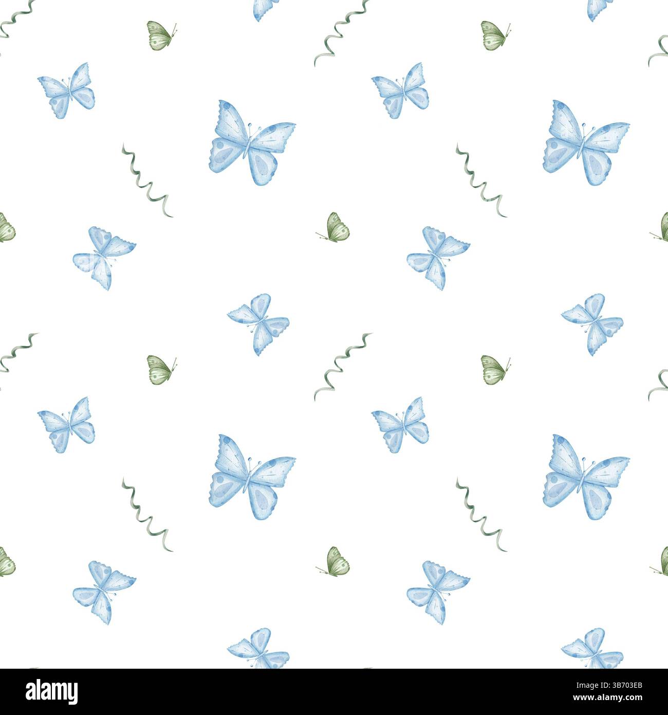 Motivo ad acquerello senza cuciture con delicate farfalle blu e verdi di diverse dimensioni. Per stampa, carta da imballaggio, rottamazione, tessuti. Illustrazione delle festività, disegnata a mano, su sfondo bianco Foto Stock