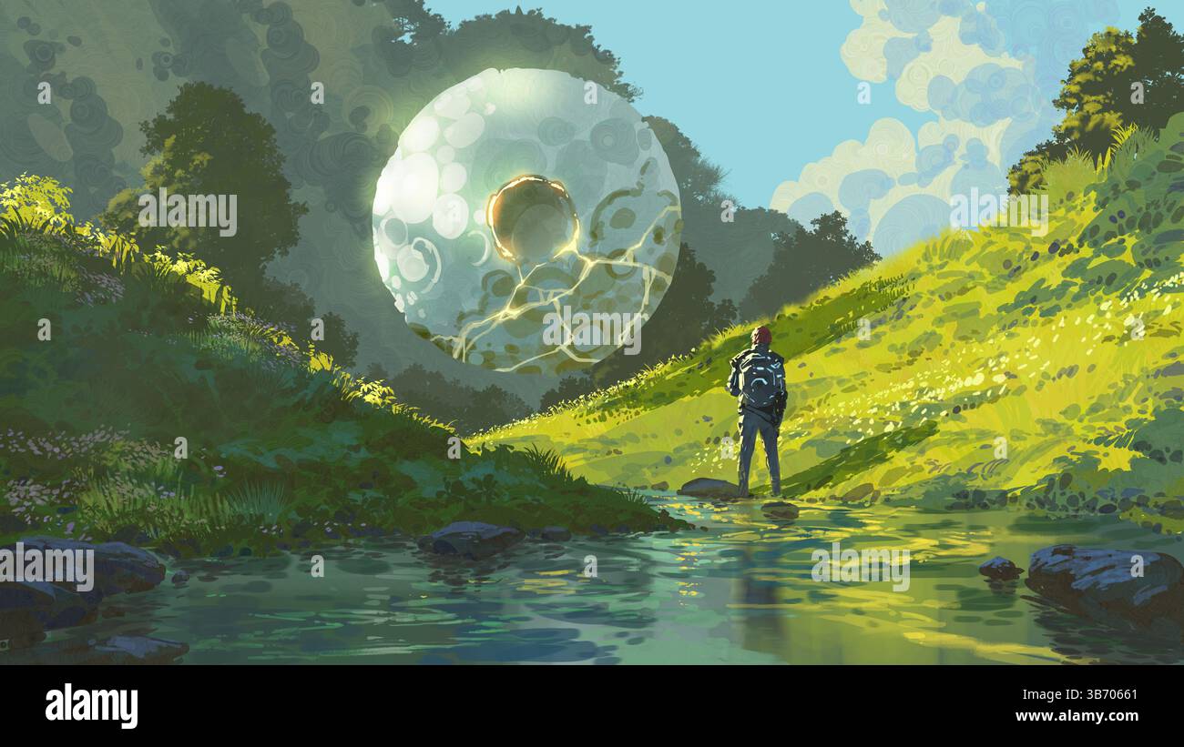 Un viaggiatore si trova in una valle verde brillante accanto a un ruscello che guarda una grande misteriosa sfera galleggiante che emette luce ed energia nel cielo, ar digitale Foto Stock