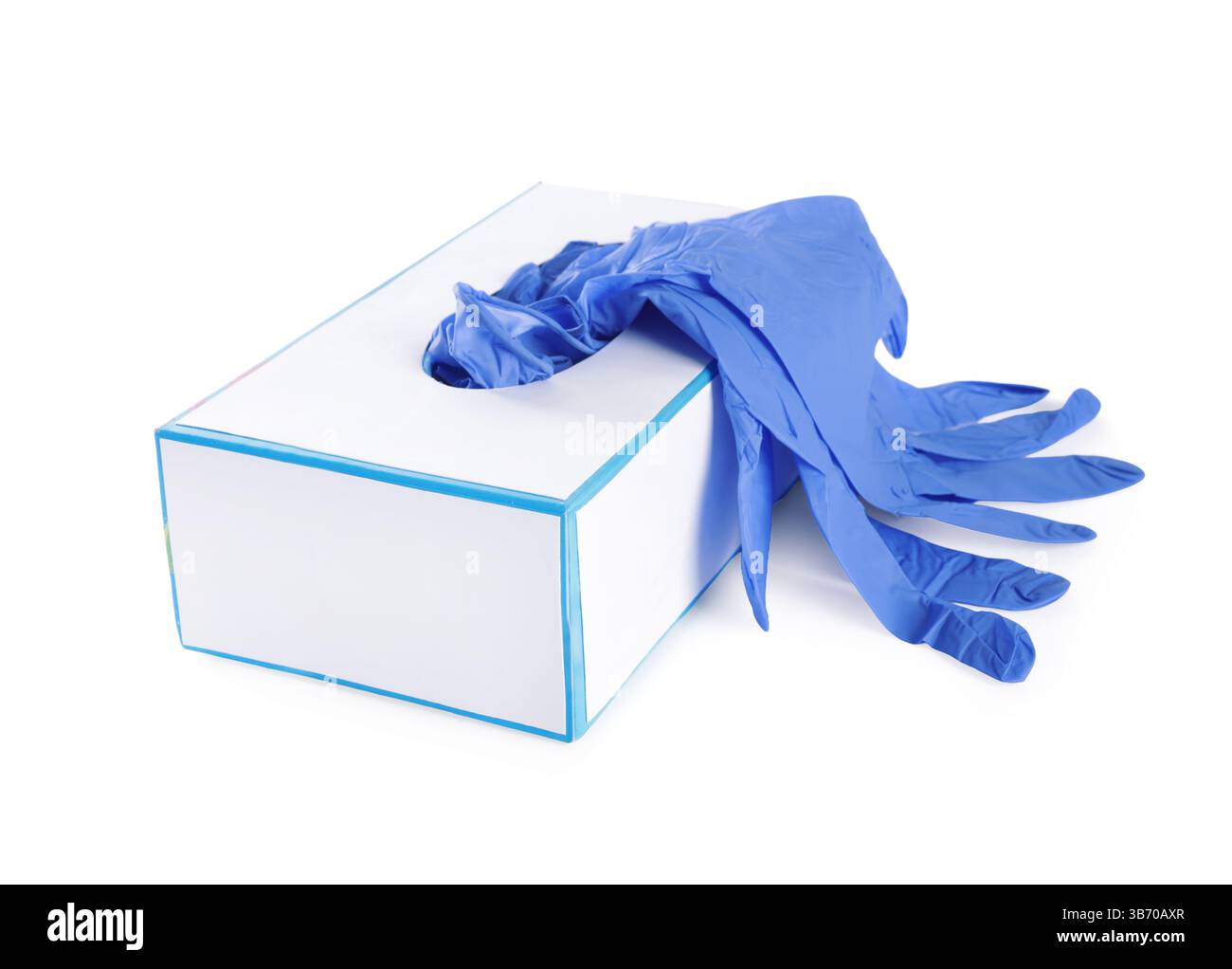 Guanti medici blu e scatola isolata su bianco Foto Stock