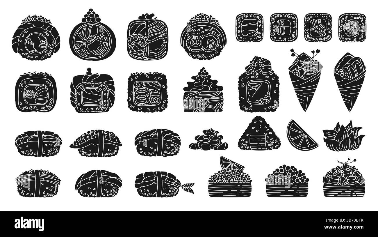 Set di incisioni a fumetti di sushi. Cucina giapponese asiatica tradizionale. Diversi sushi di pesce Philadelphia, rotolo California nigiri sashimi vettoriale lineare piatto per menu orientale Cafe Bar ristorante Illustrazione Vettoriale