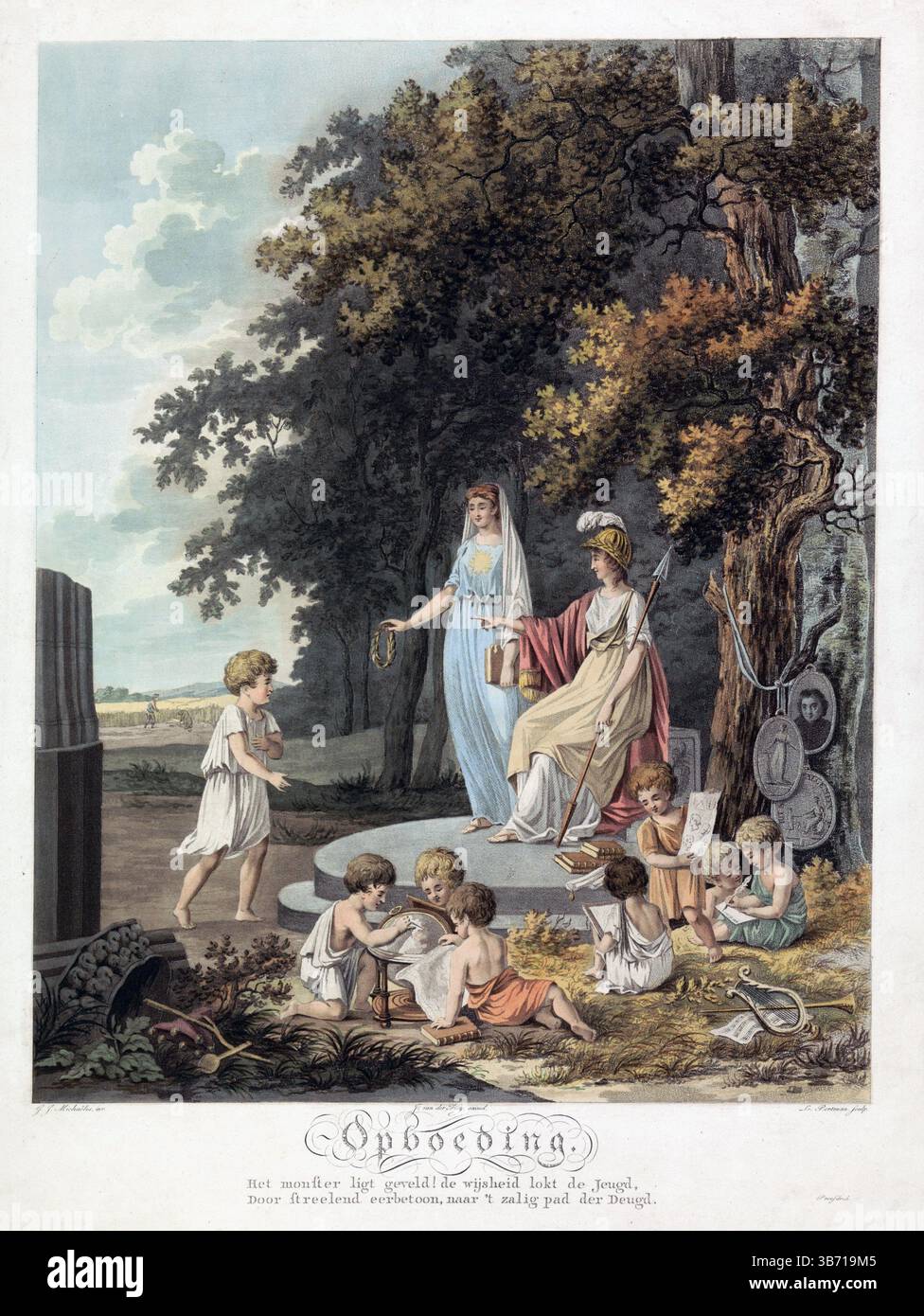 Una stampa incisione colorata di Allegory in Education - allegorie op het onderwijs di Ludwig Gottlieb Portman dopo Gerrit Jan Michaelis prospettiva storica del XIX secolo incisione acquerello opere d'arte vintage stampa antica Foto Stock