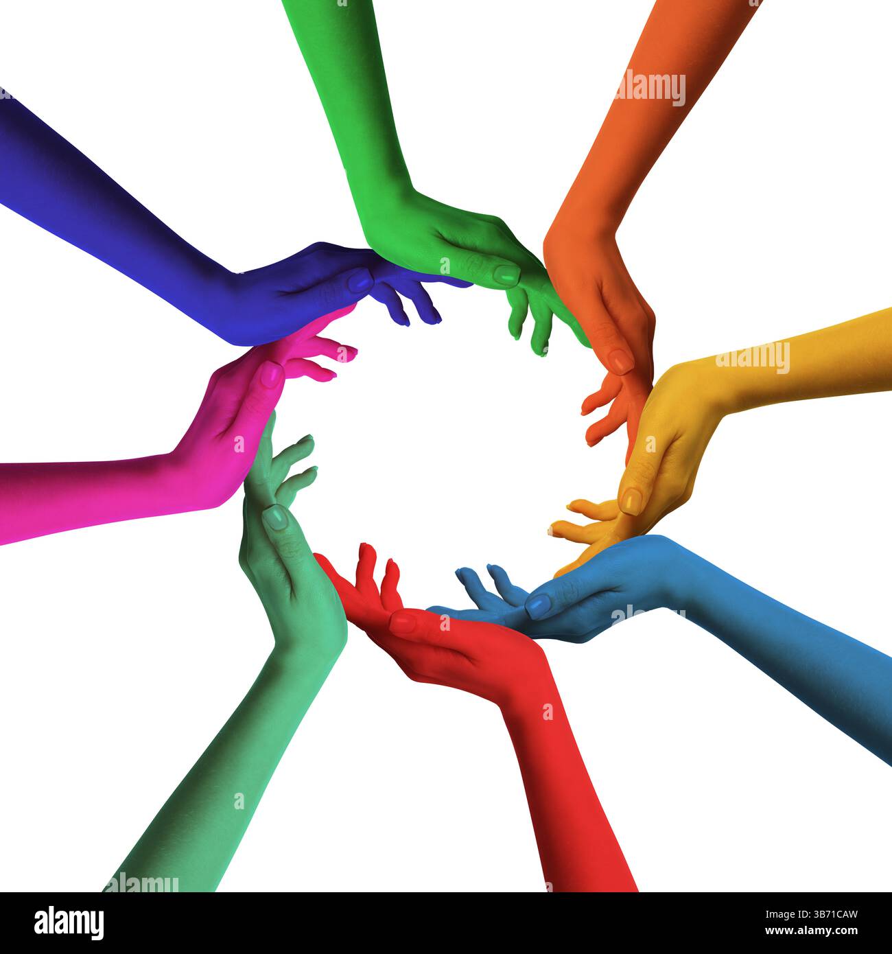 Fare un cerchio di mani umane dipinto in diversi colori su sfondo bianco. Unità, partenariato, cooperazione Foto Stock