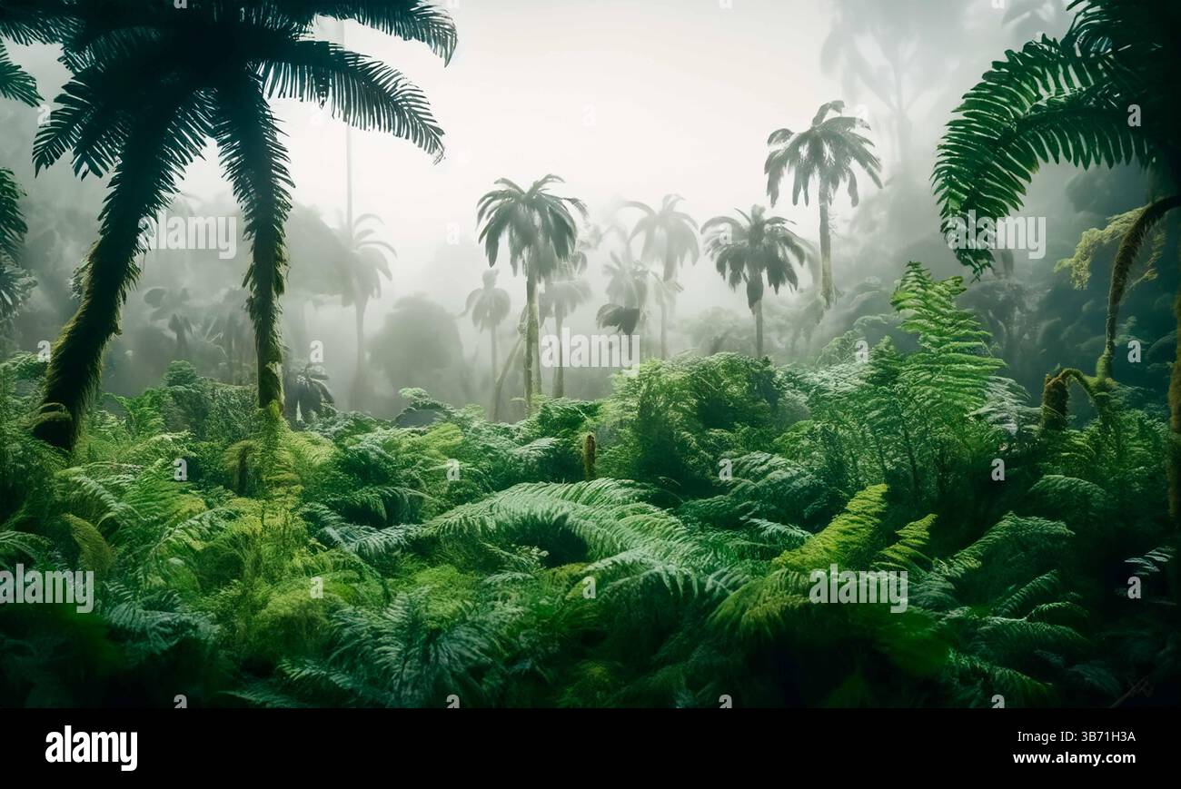 Foresta pluviale amazzonica con palme nebbia pluviale xaxim in un ambiente naturale idilliaco e rilassante Foto Stock