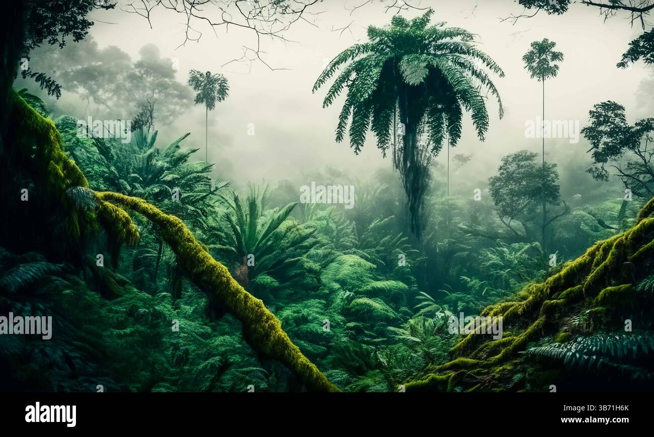 Foresta pluviale amazzonica con palme nebbia pluviale xaxim in un ambiente naturale idilliaco e rilassante Foto Stock