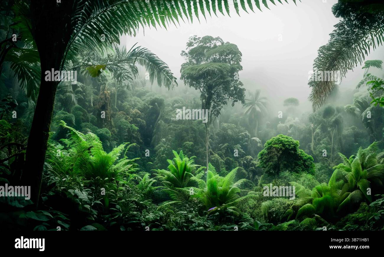 Foresta pluviale amazzonica con palme nebbia pluviale xaxim in un ambiente naturale idilliaco e rilassante Foto Stock