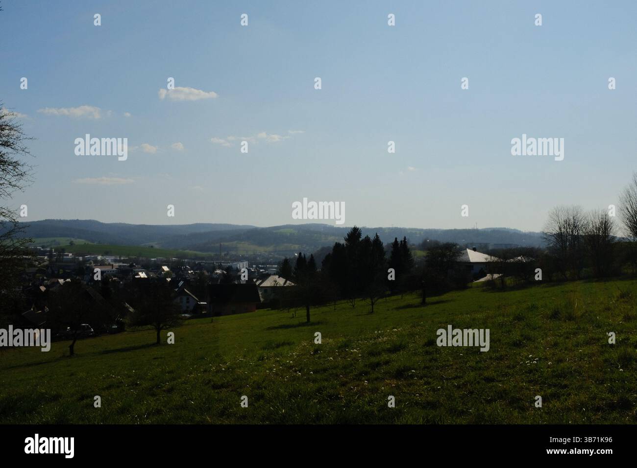 ampio campo verde aperto di campagna sotto un cielo azzurro e limpido con alberi lontani e colline ondulate in un tranquillo paesaggio rurale. Foto di alta qualità Foto Stock