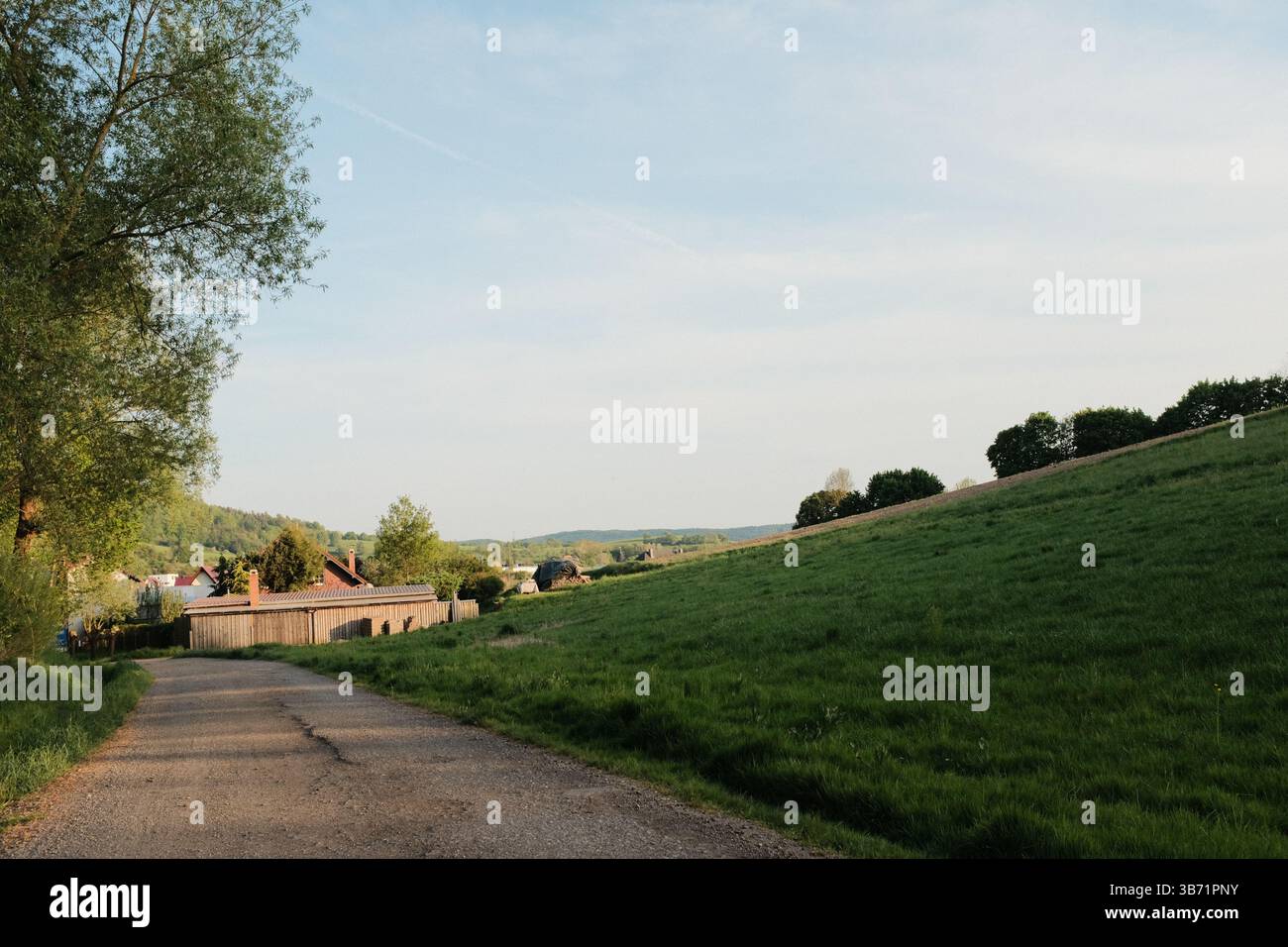 strada di campagna rurale con case campi verdi e alberi sotto il cielo blu in un tranquillo paesaggio paesaggistico all'ora d'oro. Foto di alta qualità Foto Stock