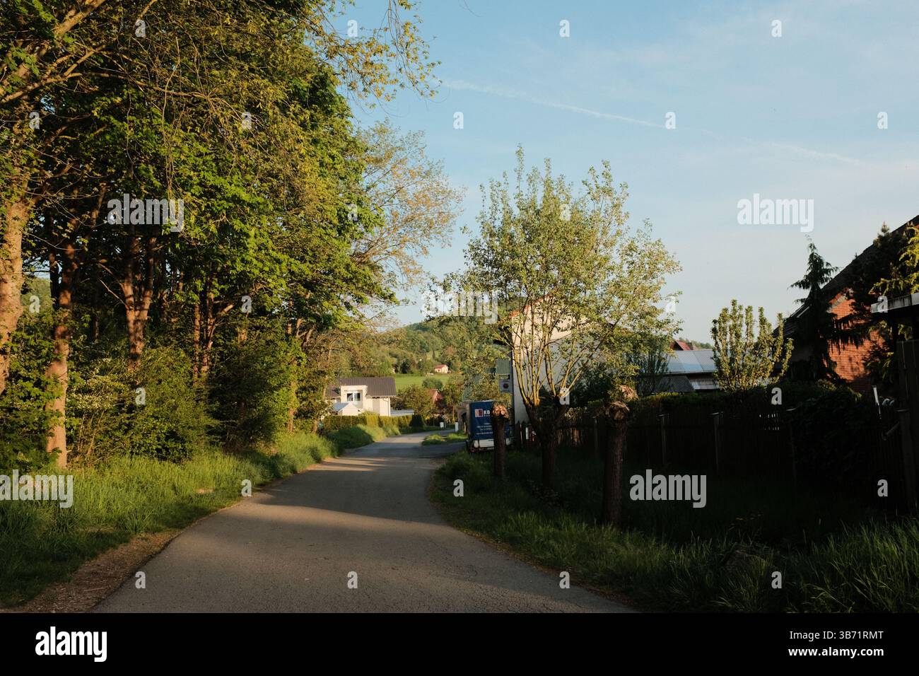 strada di campagna rurale con case campi verdi e alberi sotto il cielo blu in un tranquillo paesaggio paesaggistico all'ora d'oro. Foto di alta qualità Foto Stock