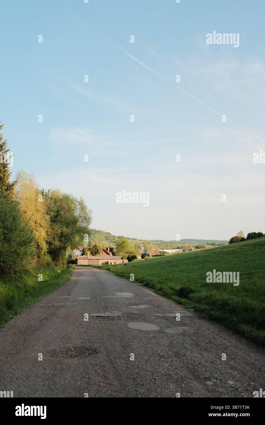 strada di campagna rurale con case campi verdi e alberi sotto il cielo blu in un tranquillo paesaggio paesaggistico all'ora d'oro. Foto di alta qualità Foto Stock
