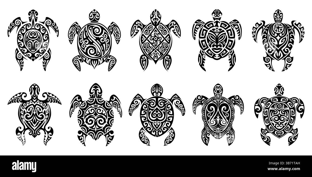 Tatuaggio Maori, animale tribale di tartaruga marina. Set vettoriale isolato di rettili tartaruga nera animale sacrale simbolico con motivi artistici ornati e tribali. Aborigi Illustrazione Vettoriale