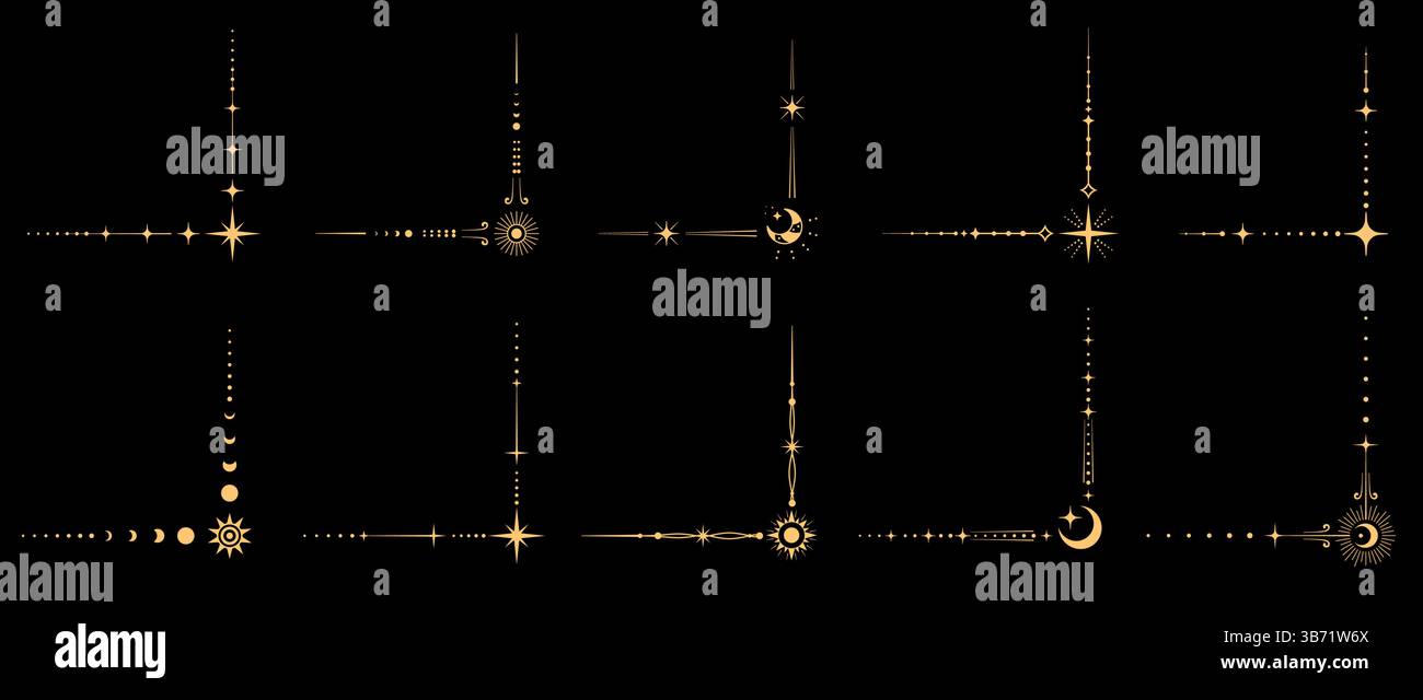 Insieme di vettori di angoli celesti esoterici magici. Eleganti cornici in stile boho, decorazioni spaziali con motivi cosmici e decorazioni stellari. Arredamento Illustrazione Vettoriale