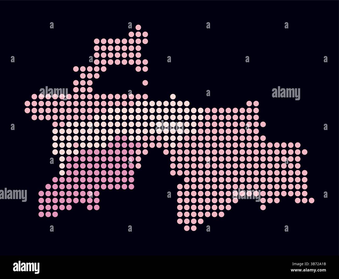 Mappa punteggiata del Tagikistan. Mappa digitale del paese su sfondo scuro. Forma del Tagikistan con punti circolari. Stile puntini colorati. Cerchi di grandi dimensioni. Illustrazione Vettoriale