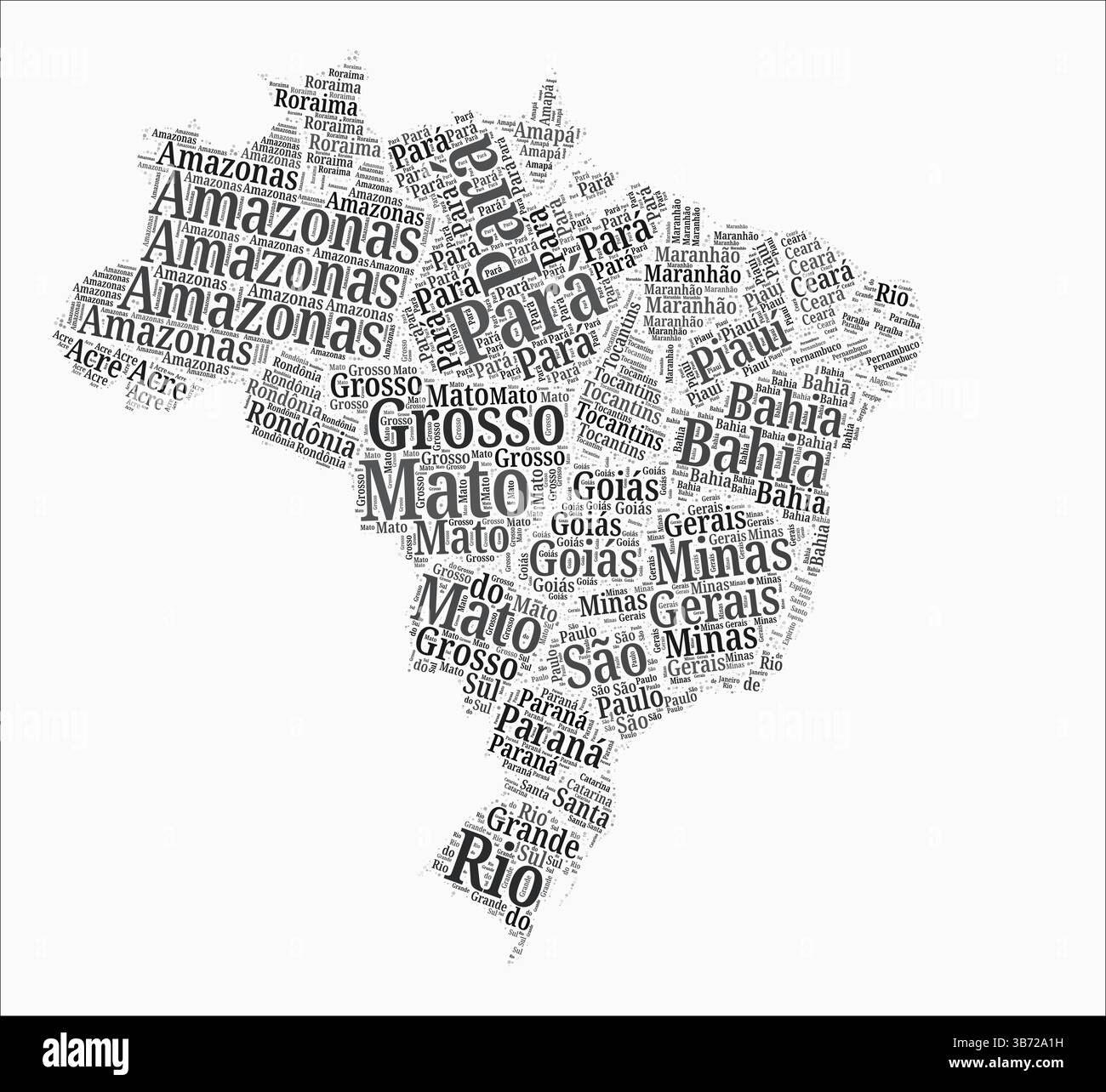 Stati stile testo Brasile. La regione del paese nomina nuvole di parole in lingua portoghese. Elegante illustrazione vettoriale. Illustrazione Vettoriale