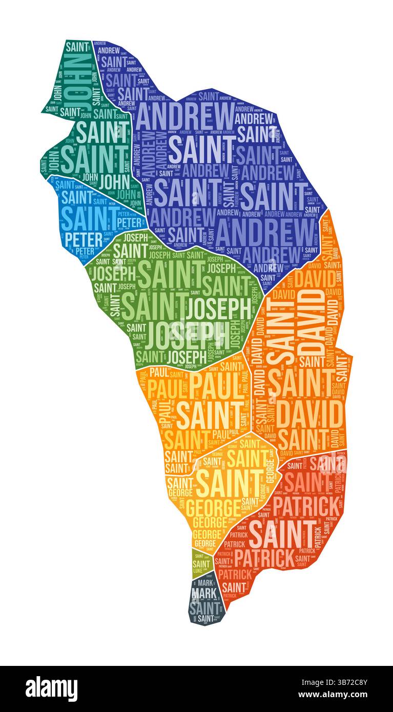 Forma Dominica. Cloud di parole del paese con divisione regionale. Illustrazione a colori Dominica. Fumetto nomi area. Illustrazione vettoriale. Illustrazione Vettoriale