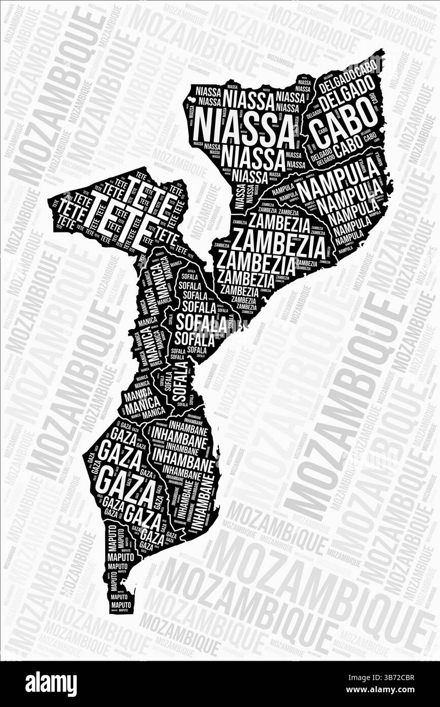 Le regioni del Mozambico mappano Word cloud. Nomi delle regioni del Mozambico. Design della mappa in bianco e nero. Illustrazione vettoriale artistica. Illustrazione Vettoriale