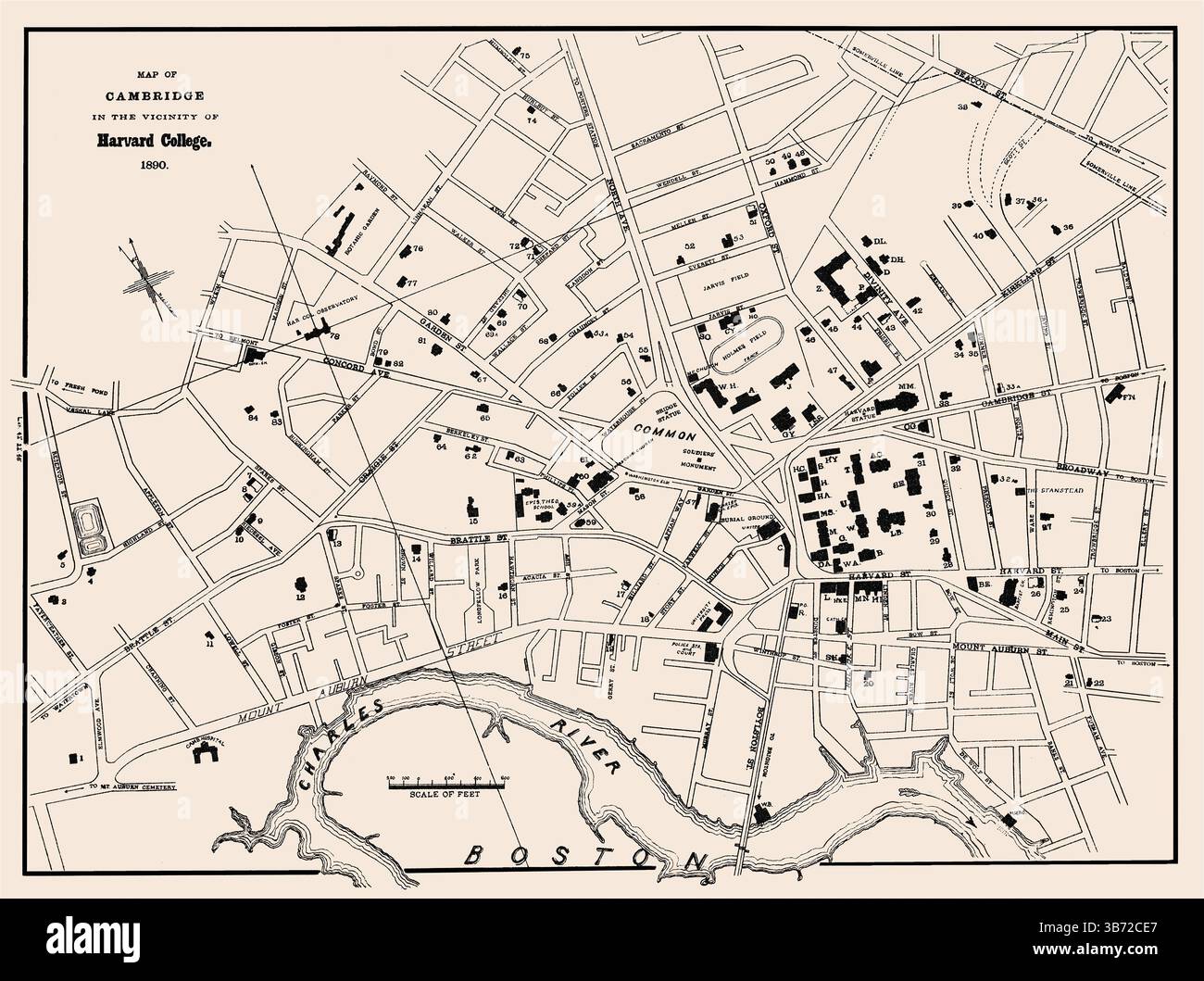 Si tratta di una riproduzione migliorata e restaurata di una mappa di Cambridge nelle vicinanze dell'Harvard College datata 1890. Mostra importanti monumenti, strade ed edifici. Ho selezionato immagini vecchie e interessanti per il restauro digitale, la riparazione e l'editing. Le immagini sono state regolate e illuminate per renderle adatte alla visualizzazione e ad altri scopi. L'immagine risultante mette in risalto molti dettagli, rendendo questo oggetto perfetto per le arti murali e come oggetto di conversazione. Foto Stock