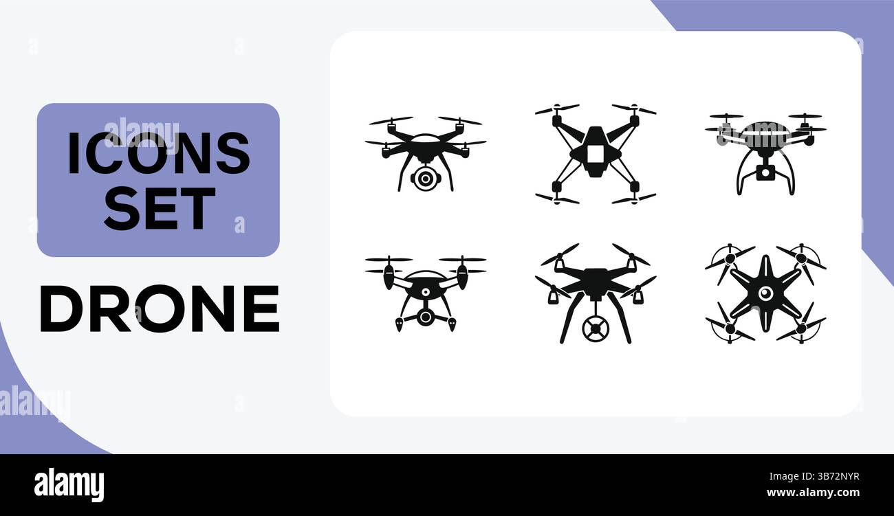 Set di icone dei droni: Quadricotteri con silhouette nera e illustrazioni vettoriali per la fotografia aerea Illustrazione Vettoriale