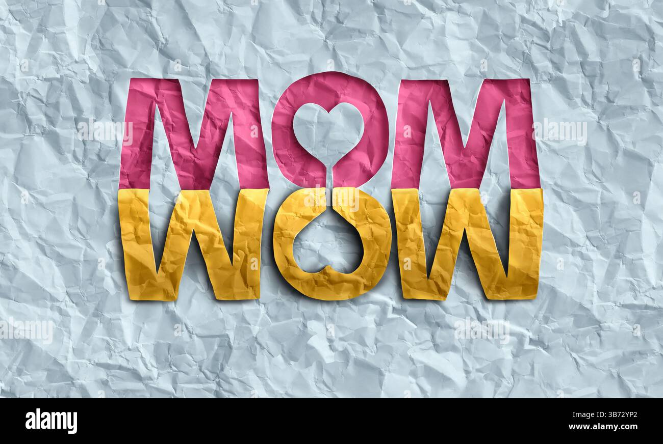 Happy Mothers Day Symbol come parola specchio o ambigramma come mamma e wow che rappresentano la maternità genitoriale come simbolo festivo per una festa madre come Foto Stock