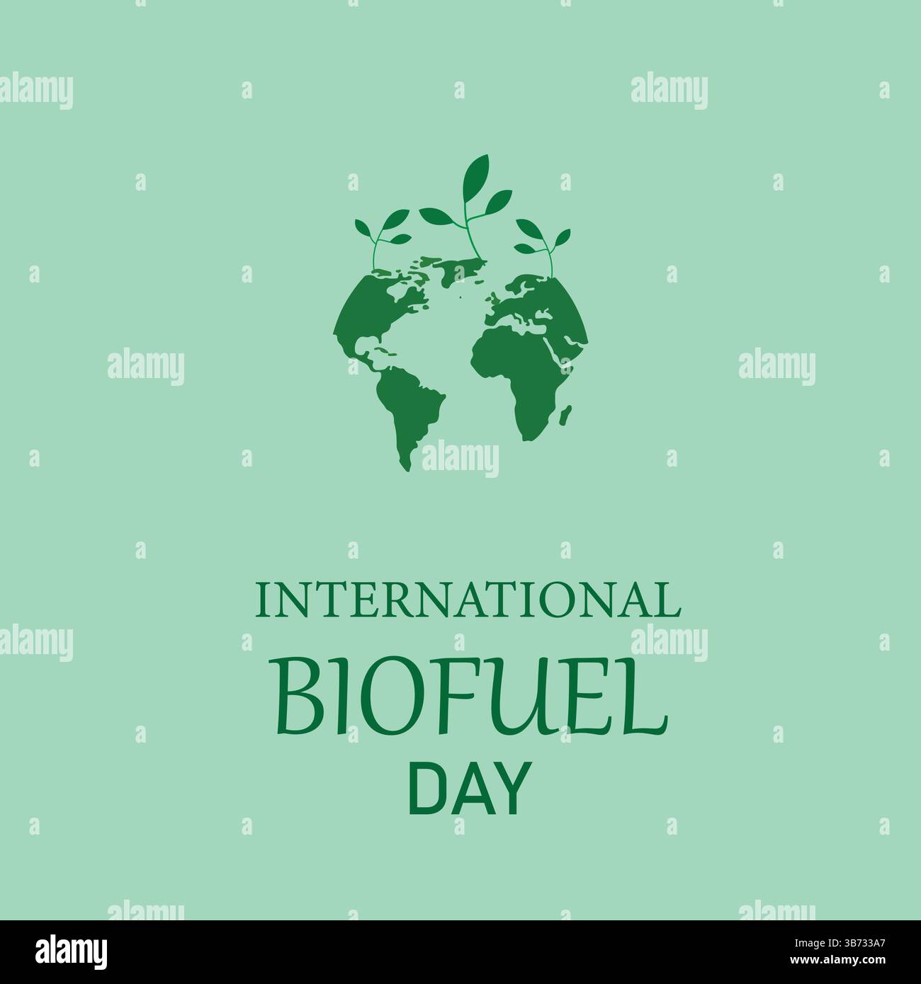 Giornata internazionale del biodiesel. Mappa del mondo e progettazione degli impianti. Perfetto per carte, banner, poster, social media. Sfondo verde. EPS modificabile. Illustrazione Vettoriale