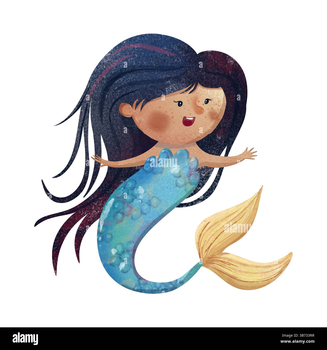 Simpatica sirena sorridente a occhi chiusi, capelli blu scuro con fili rossi e coda blu-gialla. Illustrazione digitale ad acquerello disegnata a mano nei bambini Foto Stock