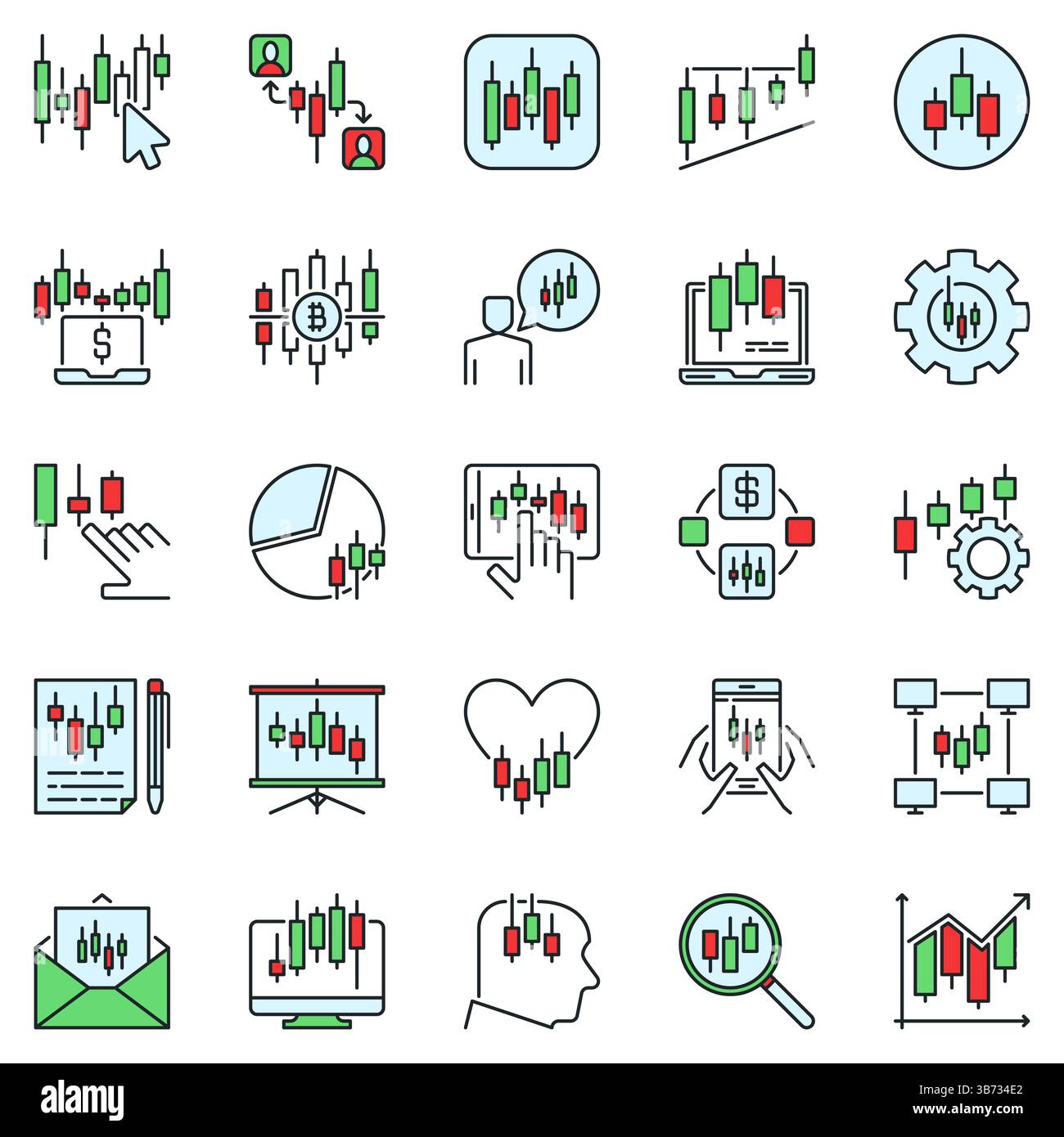 Set di icone colorate per il trading di criptovalute online. Candlestick traccia i segni creativi. Simboli vettoriali del concetto di Crypto Trader Illustrazione Vettoriale