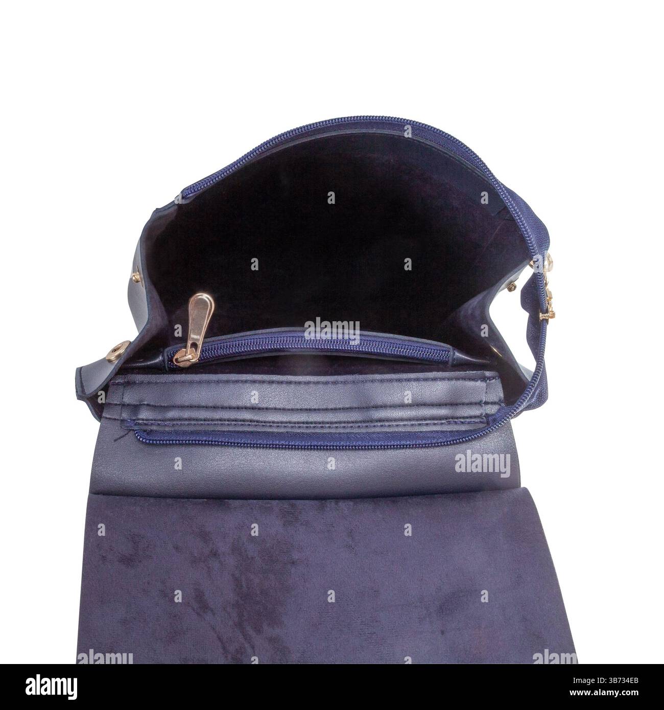 Primo piano di piccoli scomparti per pochette da donna con due tasche. Ampia parte interna della borsa da donna Foto Stock