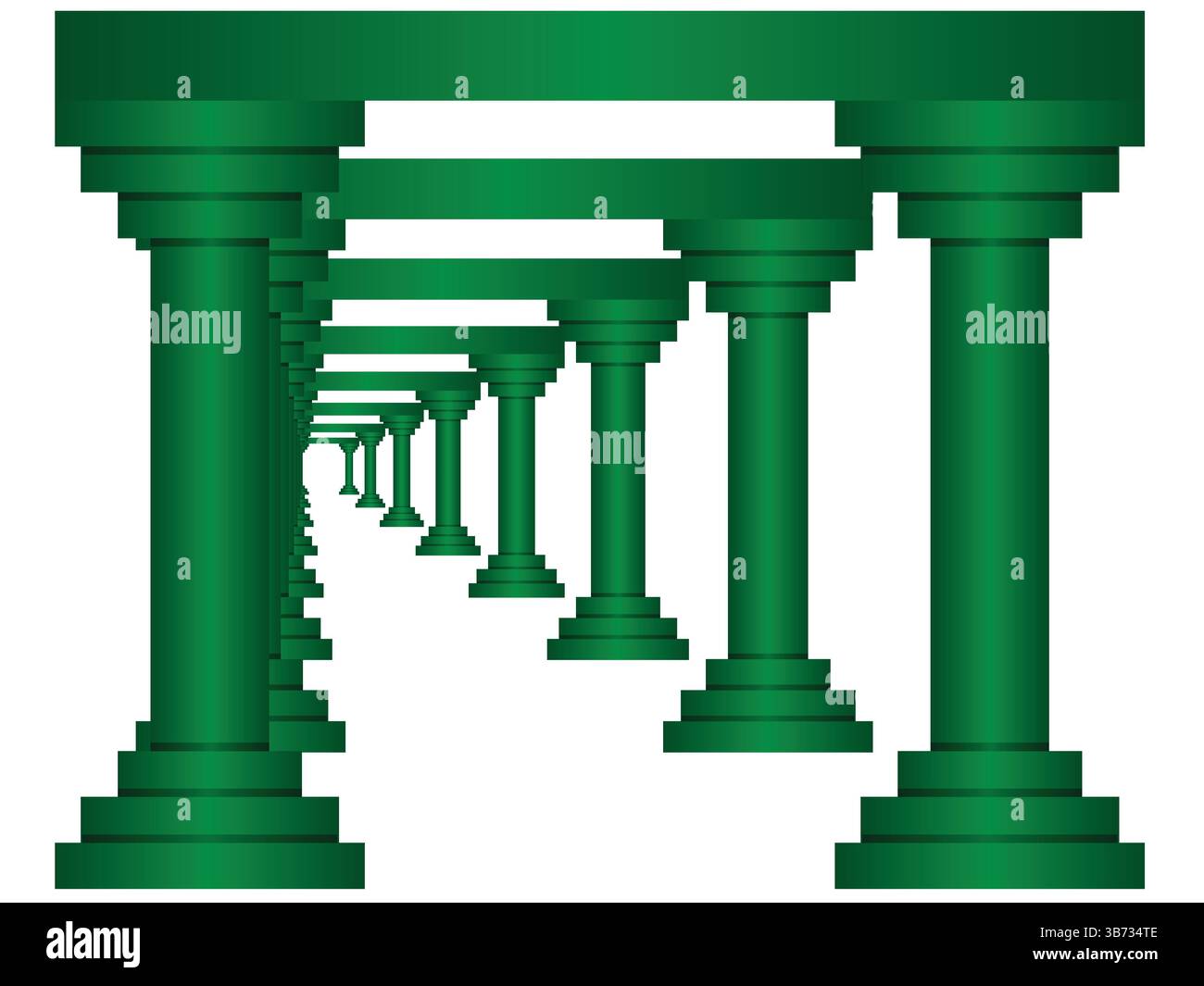 Splendido corridoio romano con colonne e luce celeste brillante alla fine, colore verde isolato sul bianco, vista del vettore EPS lato destro. Illustrazione Vettoriale