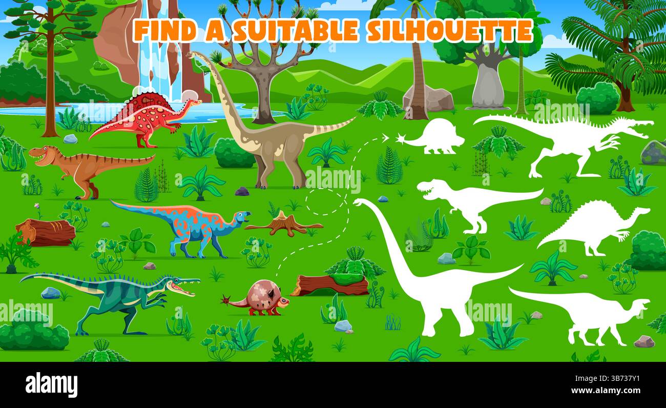 Giochi per bambini, trova l'ombra corretta dei dinosauri preistorici. Shadow Match, enigma o quiz, silhouette trova un gioco per bambini o un foglio di lavoro vettoriale di puzzle con va Illustrazione Vettoriale