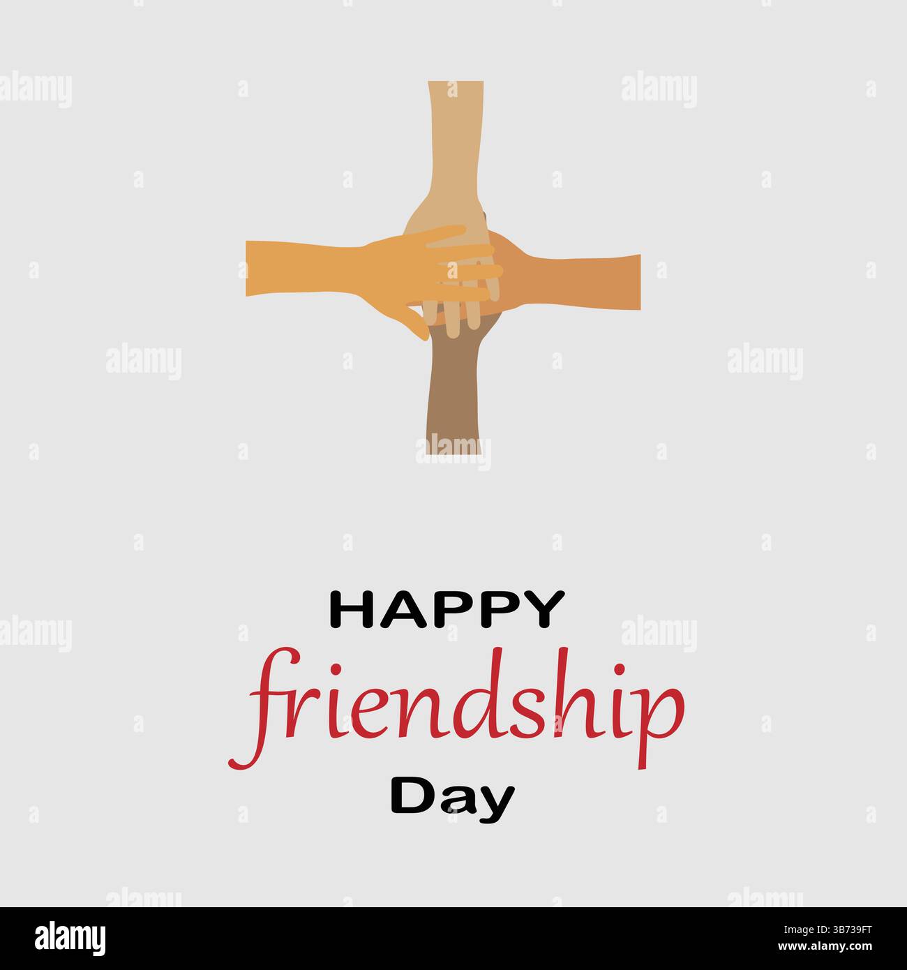 Felice giornata internazionale dell'amicizia colorato vettore tipografico con mani di amicizia isolate su sfondo blu. Poster, banner, modello di scheda. Illustrazione Vettoriale