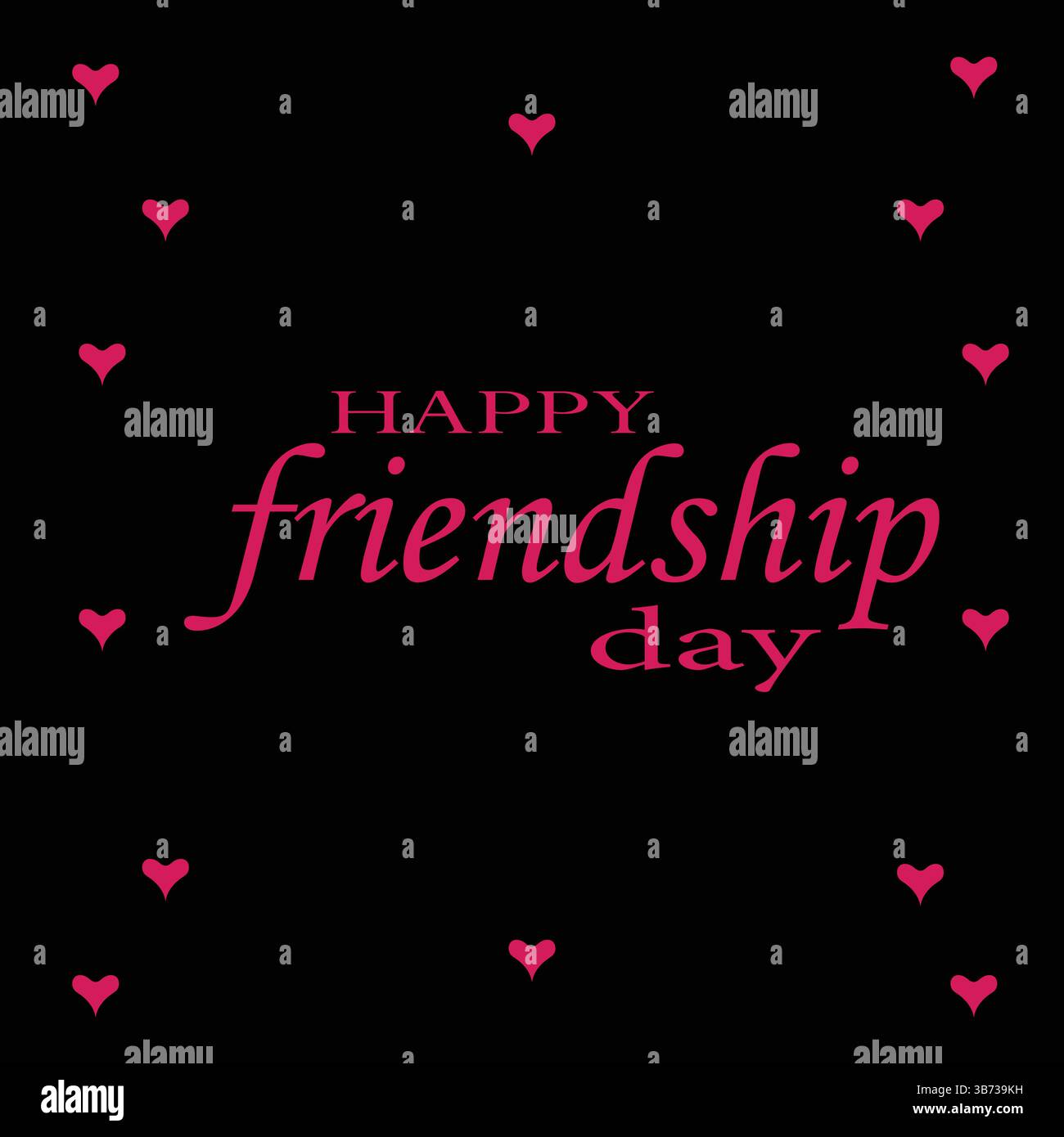 Felice giornata internazionale dell'amicizia colorata Typography Vector Illustration con cuori carini isolati su sfondo nero. Illustrazione Vettoriale