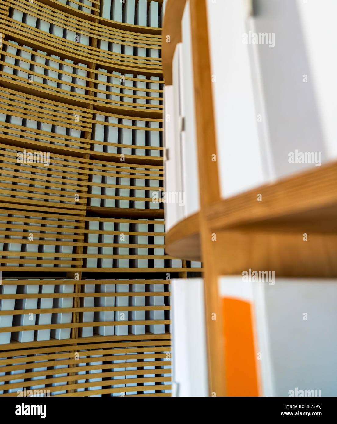 Primo piano di leganti di archivio bianchi allineati in modo ordinato su ripiani circolari in legno compensato di betulla su uno sfondo ricurvo con spranghe di legno Foto Stock