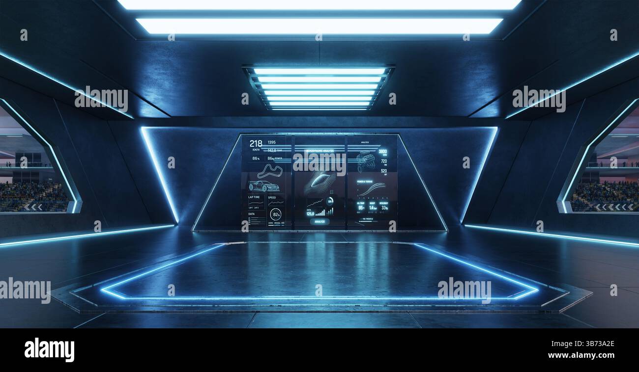 Futuristico garage high-tech che visualizza i dati delle gare e la telemetria su più schermi digitali con luci al neon blu brillanti. rendering 3d. Foto Stock