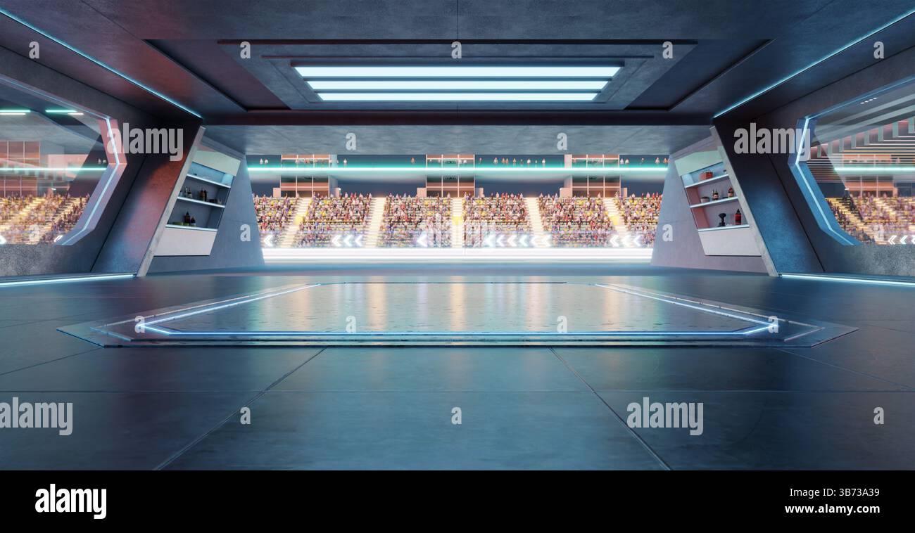 Garage vuoto e futuristico che si apre su una pista da corsa con il pubblico in attesa nelle tribune. Rendering 3D. Foto Stock